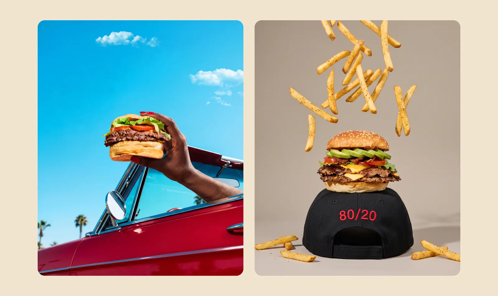 A burger held up beside a red convertible, and fries falling onto a burger on an 80/20 cap