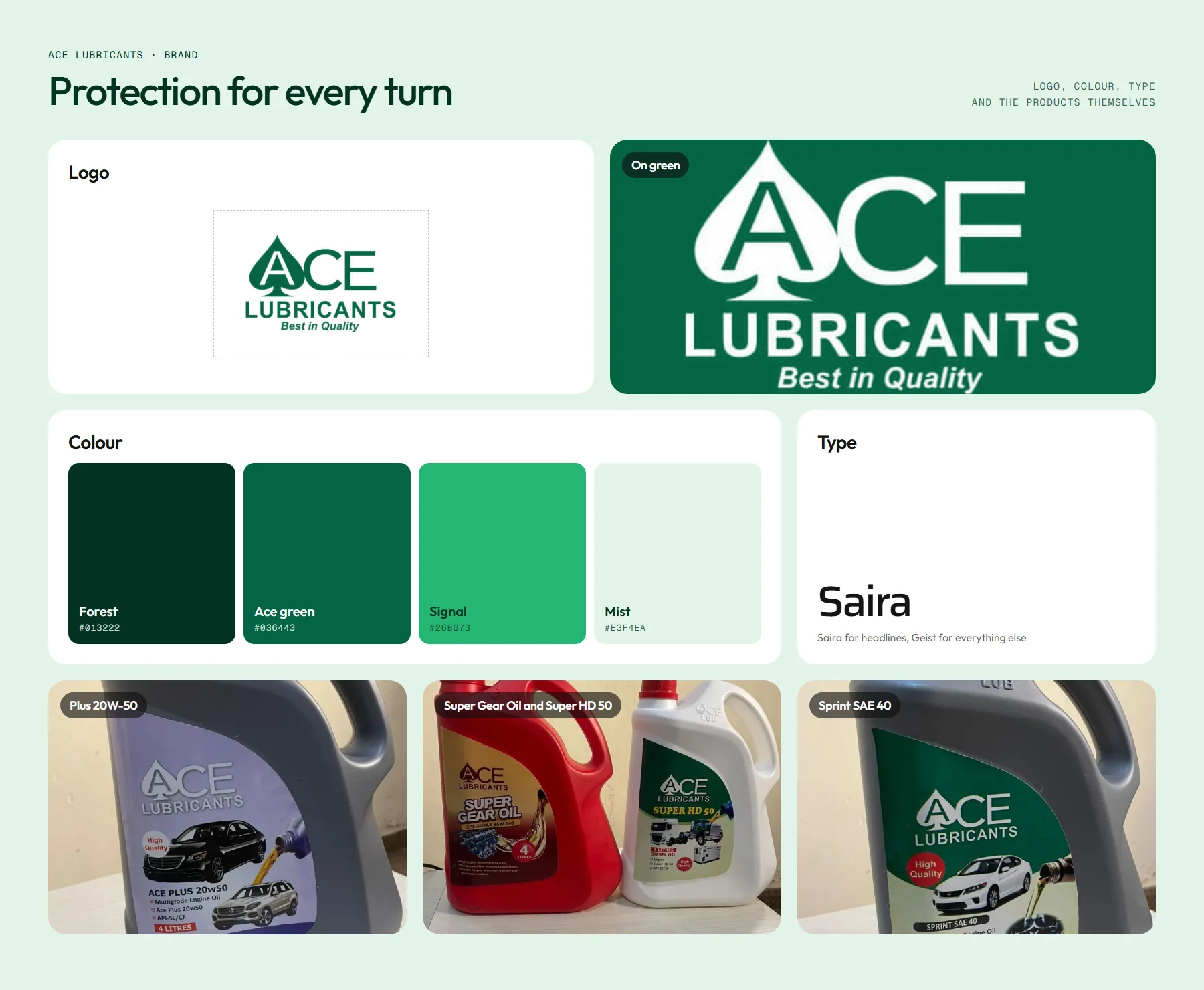 Brand board: logo, logo on green, four colours, Saira and three product photos