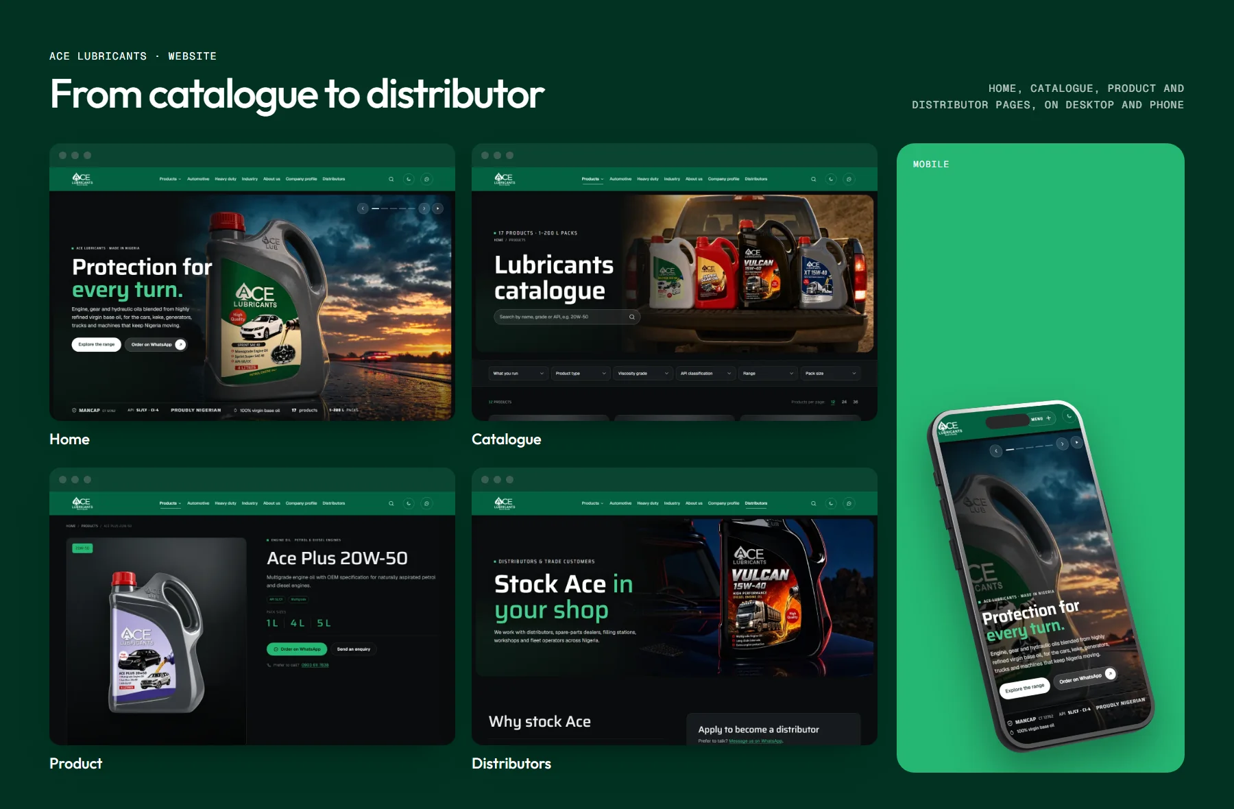 Website board: home, catalogue, product and distributor pages, with the home page on a phone
