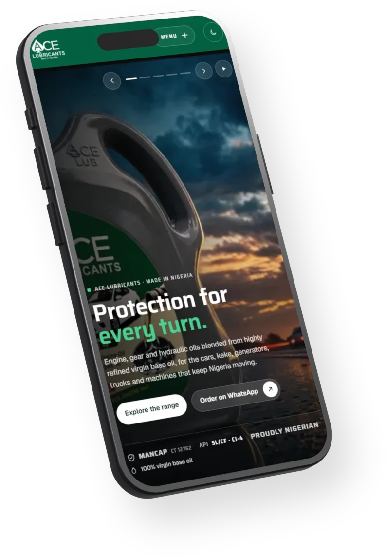Ace Lubricants home page on a phone
