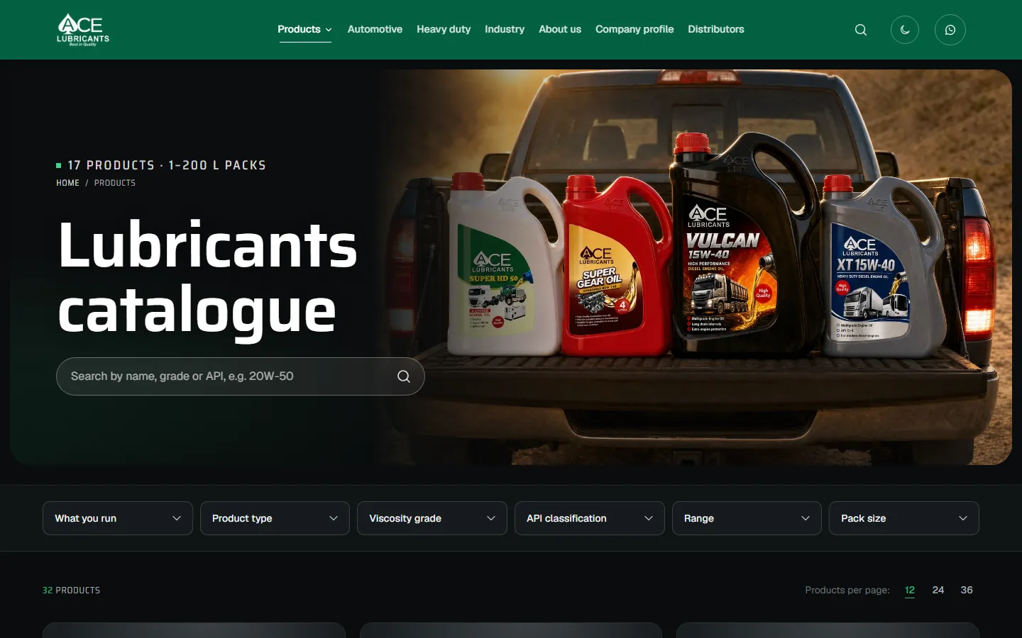 Lubricants catalogue with search and filters