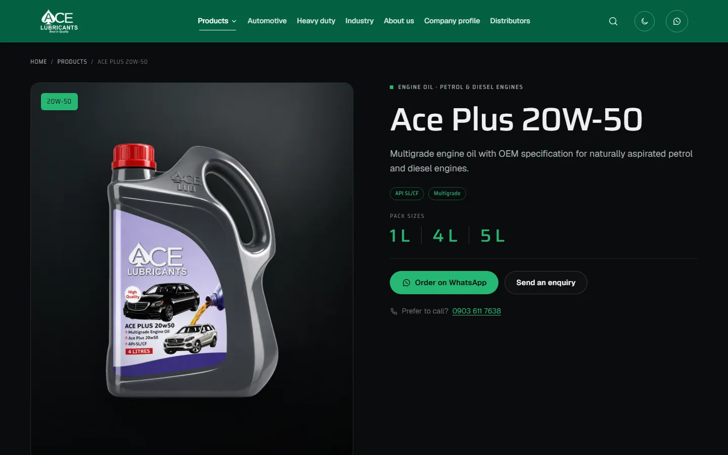 Ace Plus 20W-50 product page with pack sizes and WhatsApp ordering