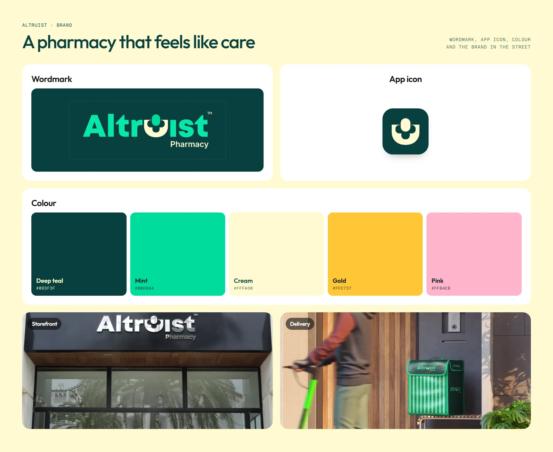 Brand board: wordmark, app icon, five colours, storefront and delivery bag