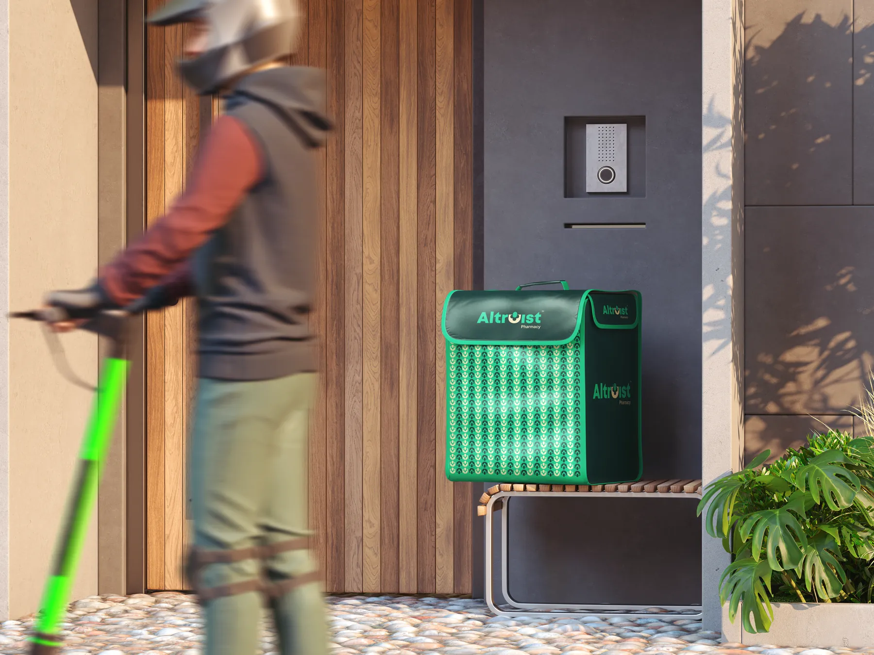 Brand mockup: an Altruist delivery bag at a front door as a scooter rider passes