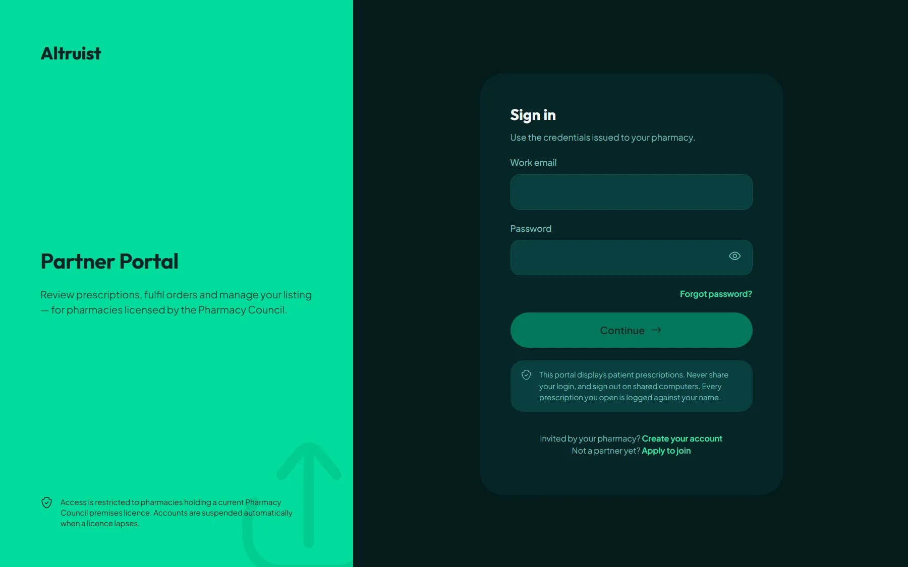 Partner Portal sign-in for Pharmacy Council-licensed pharmacies