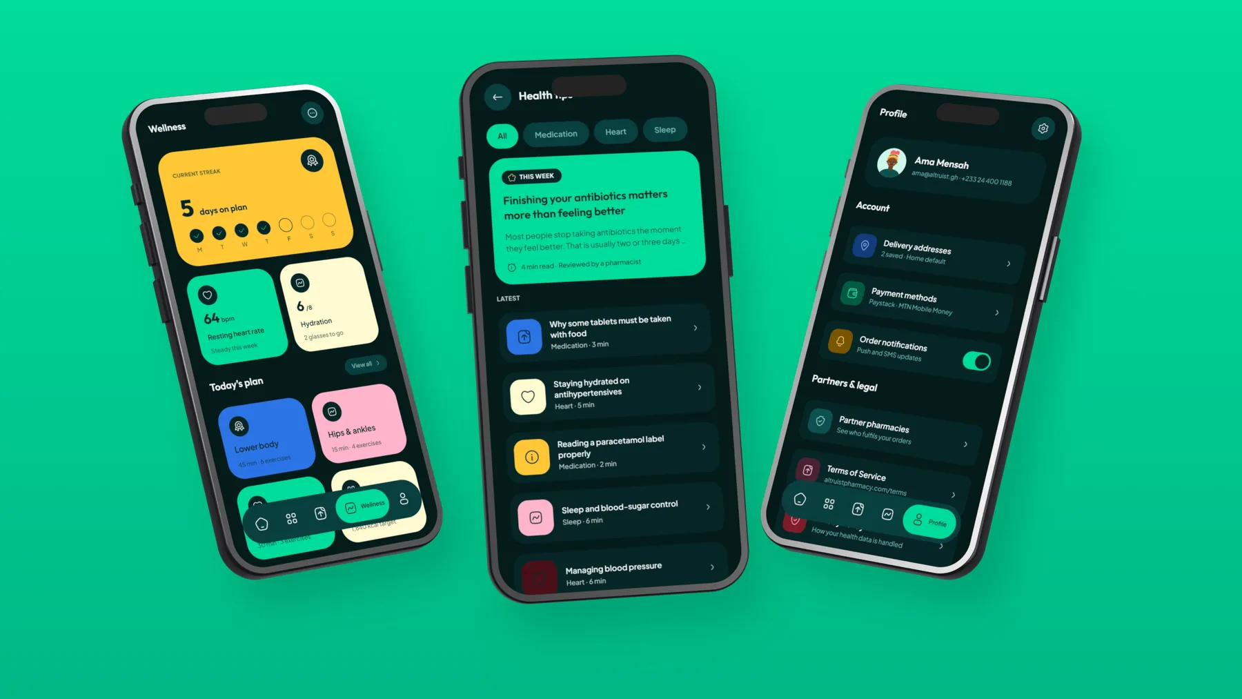 Wellness streaks, health tips and profile screens