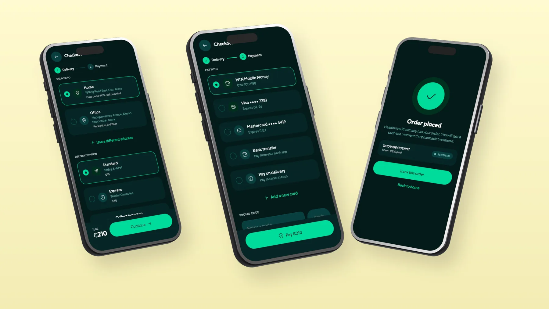 Checkout delivery, Mobile Money payment and order placed screens
