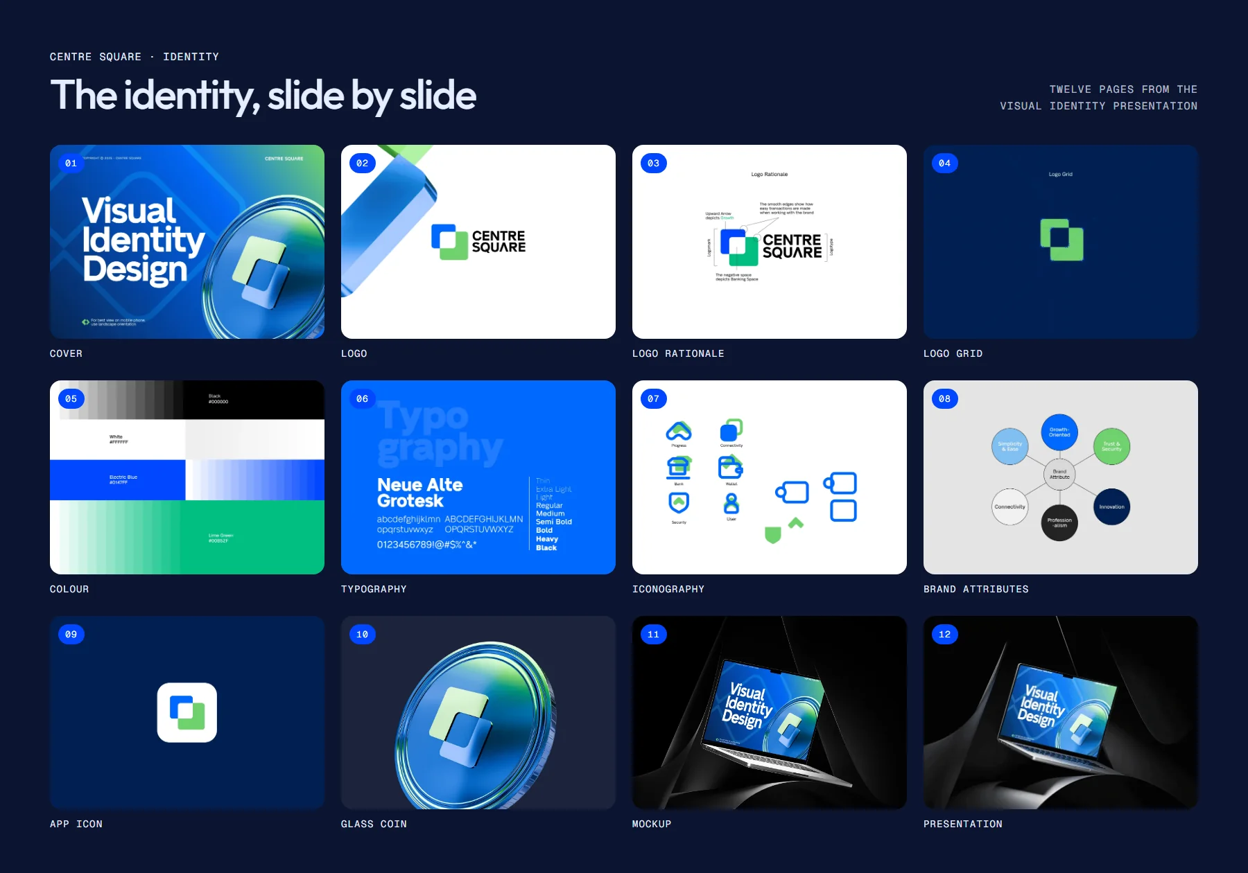 Identity board: twelve pages from the visual identity presentation