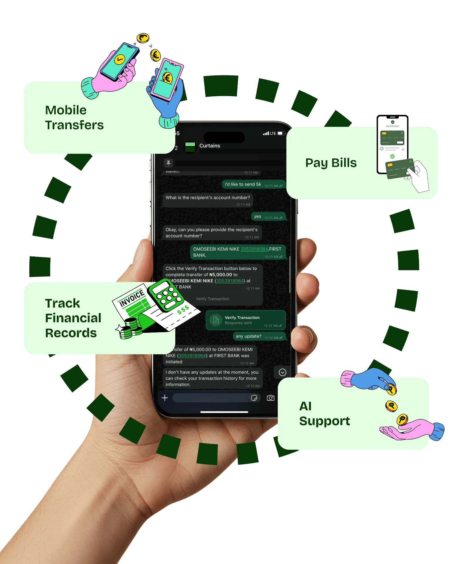 Phone with mobile transfers, pay bills, records and AI support
