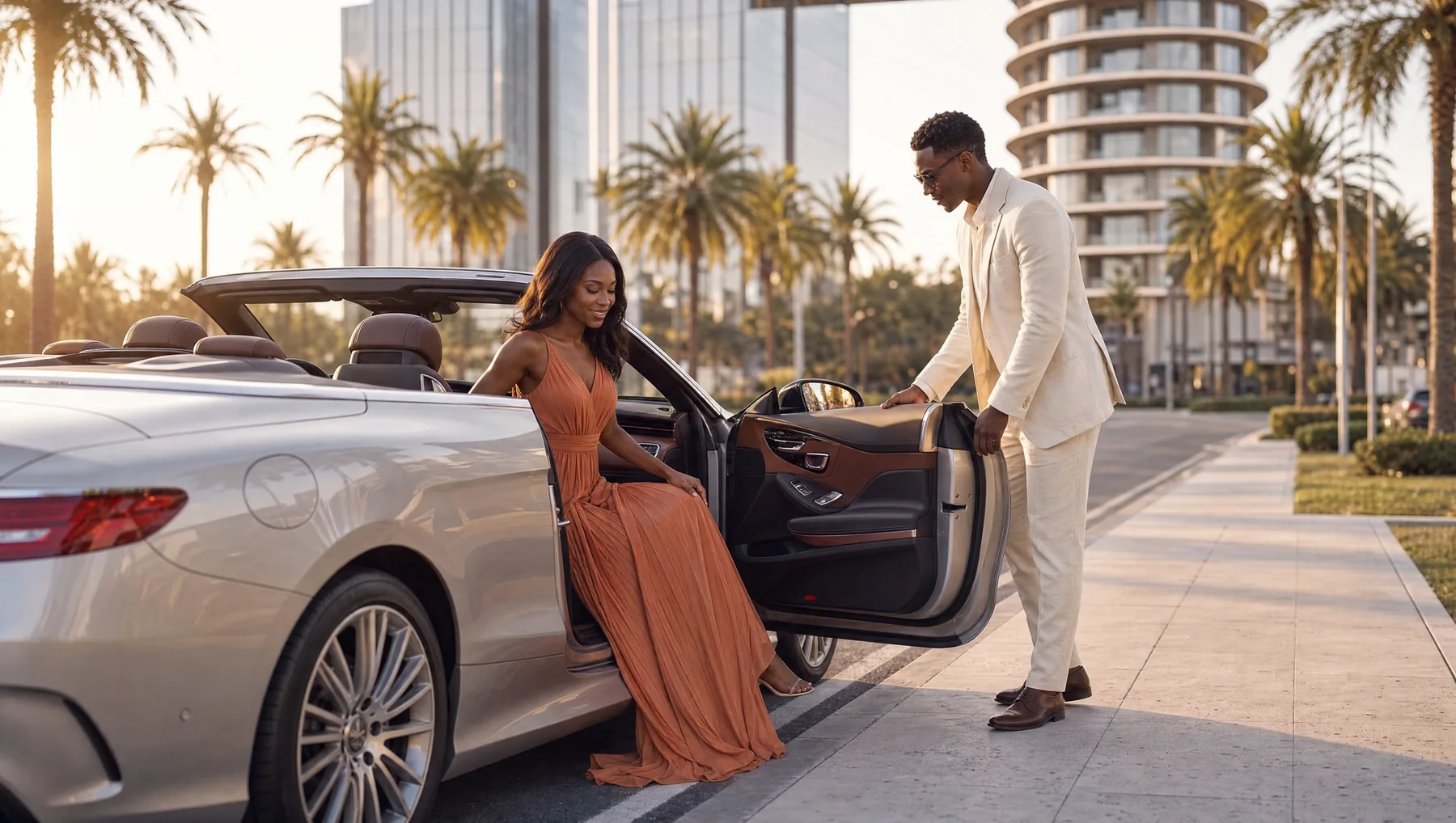 A couple arriving home in a white convertible