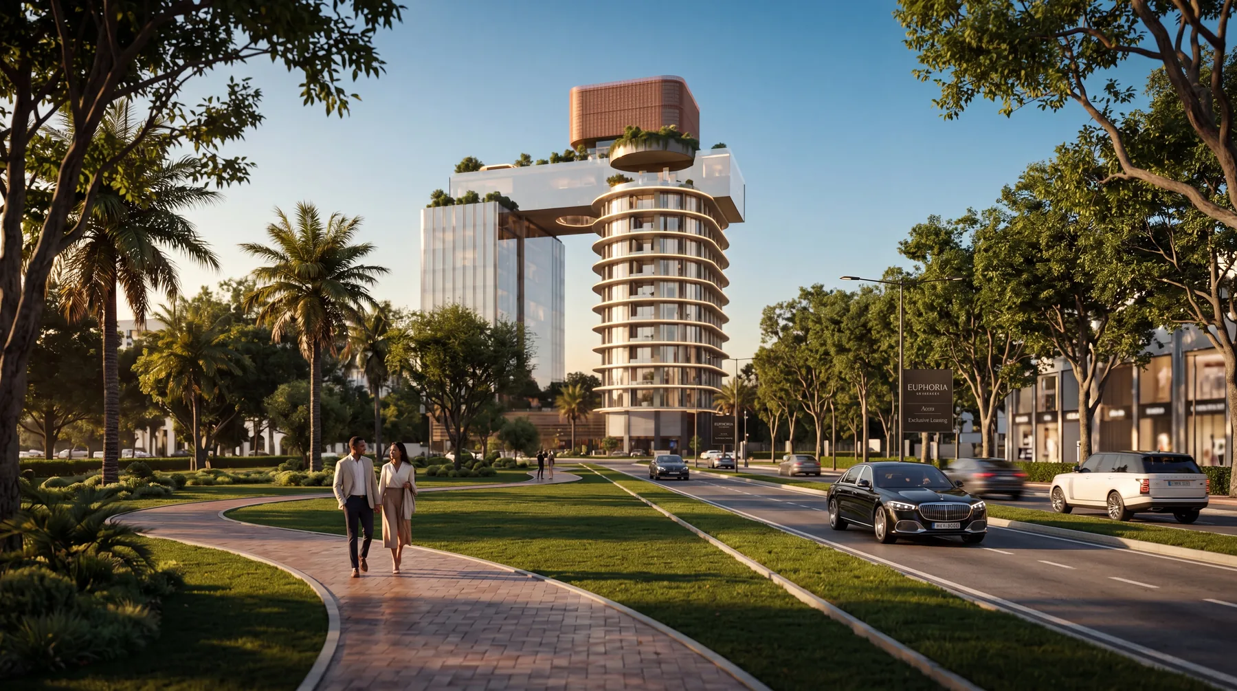 The tower at the end of a palm-lined avenue