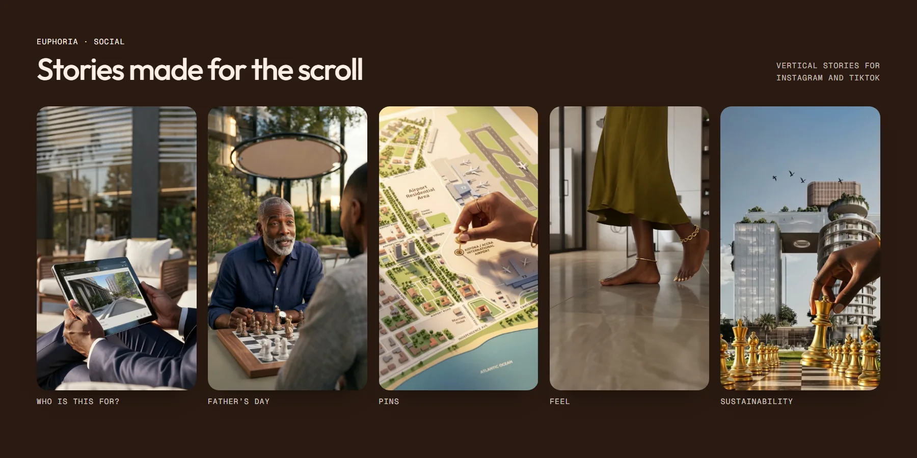 Social board: five vertical stories, from Who is this for? to Sustainability