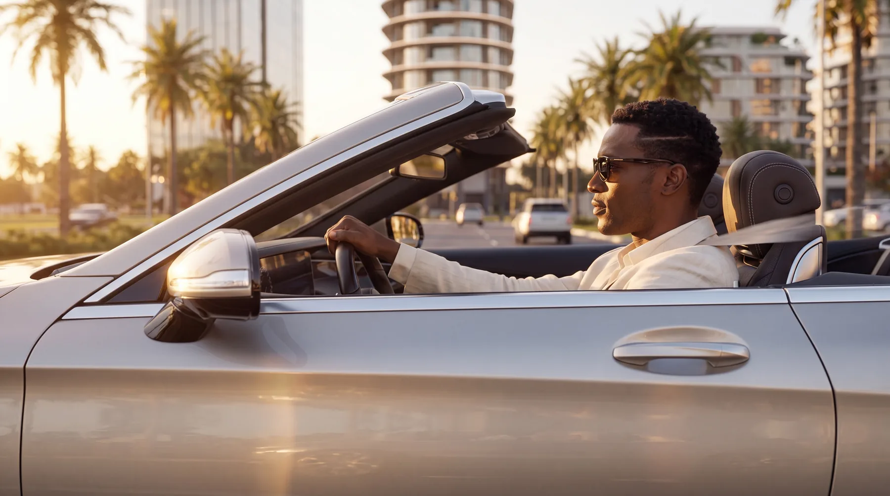 A man driving a convertible past the tower