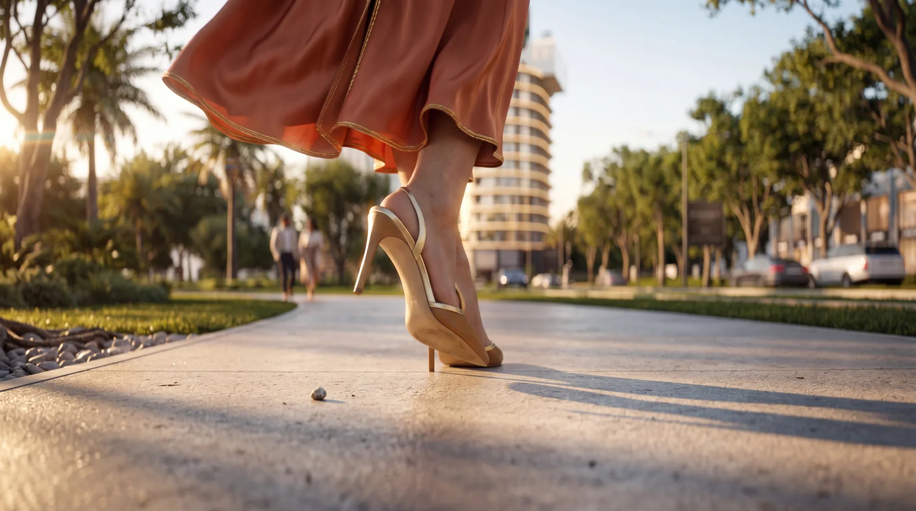 A woman in a flowing dress on the promenade below the tower