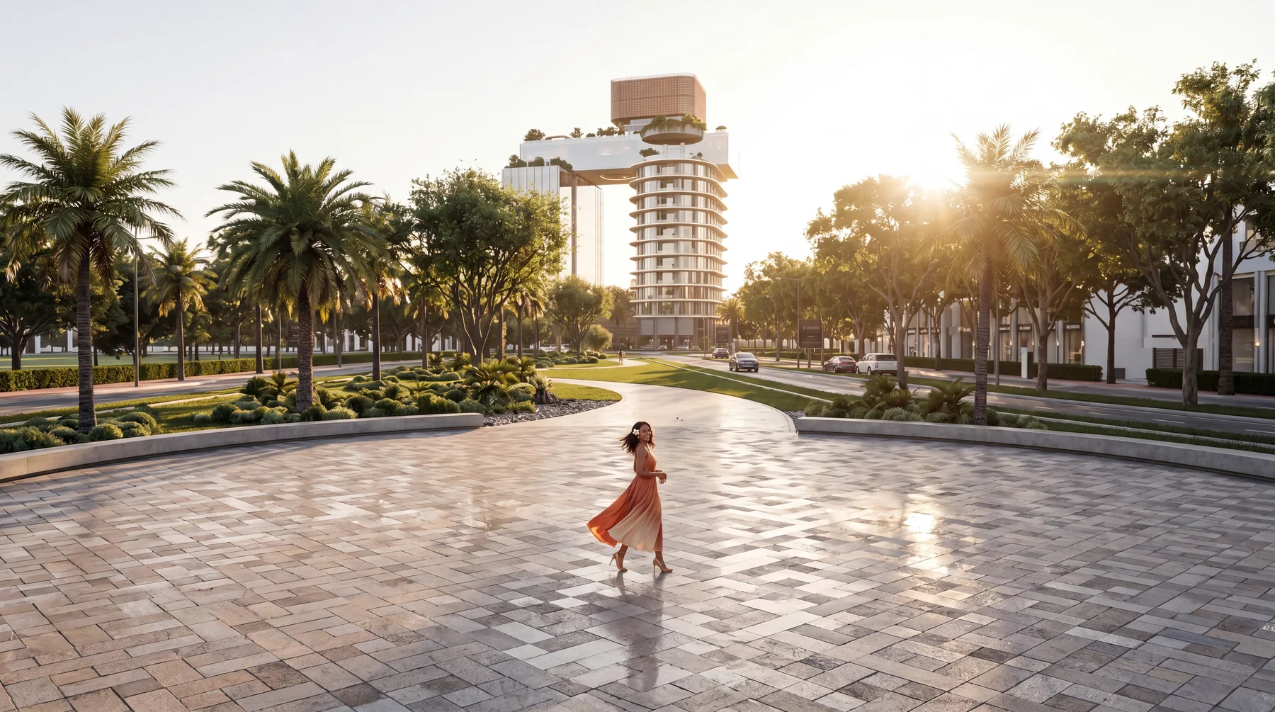 A woman wading through a reflecting pool below the tower
