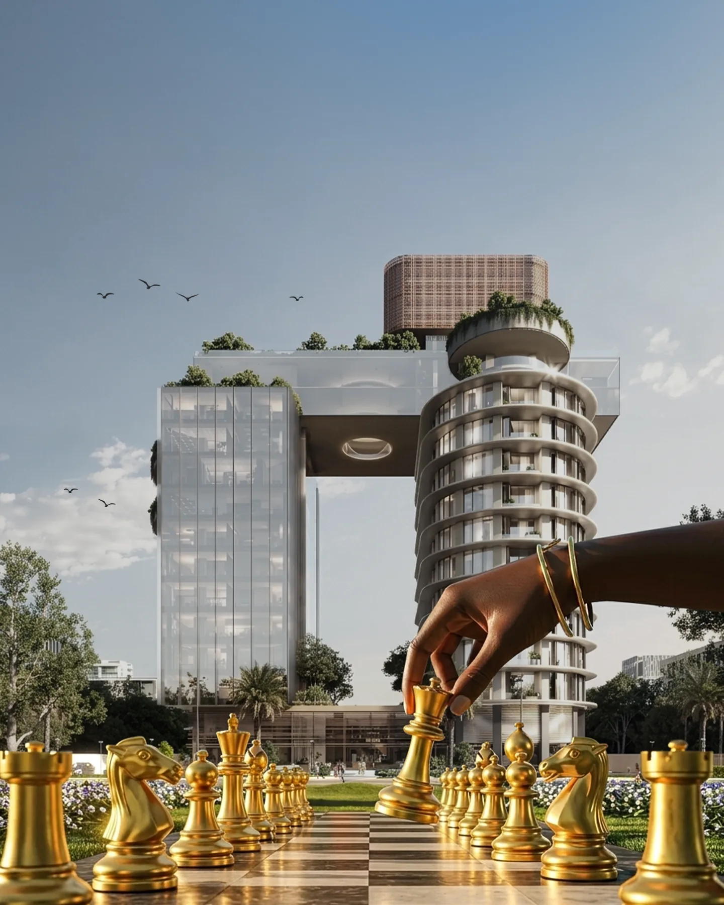A hand placing the tower like a chess piece on a gold board