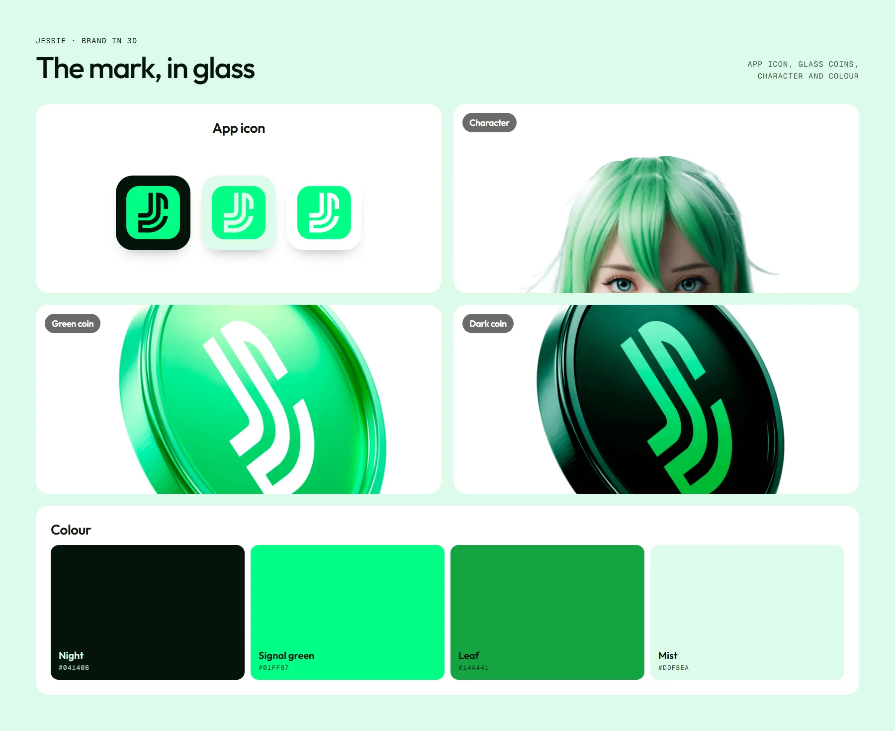 Brand board: app icons, character, green and dark glass coins, and four colours