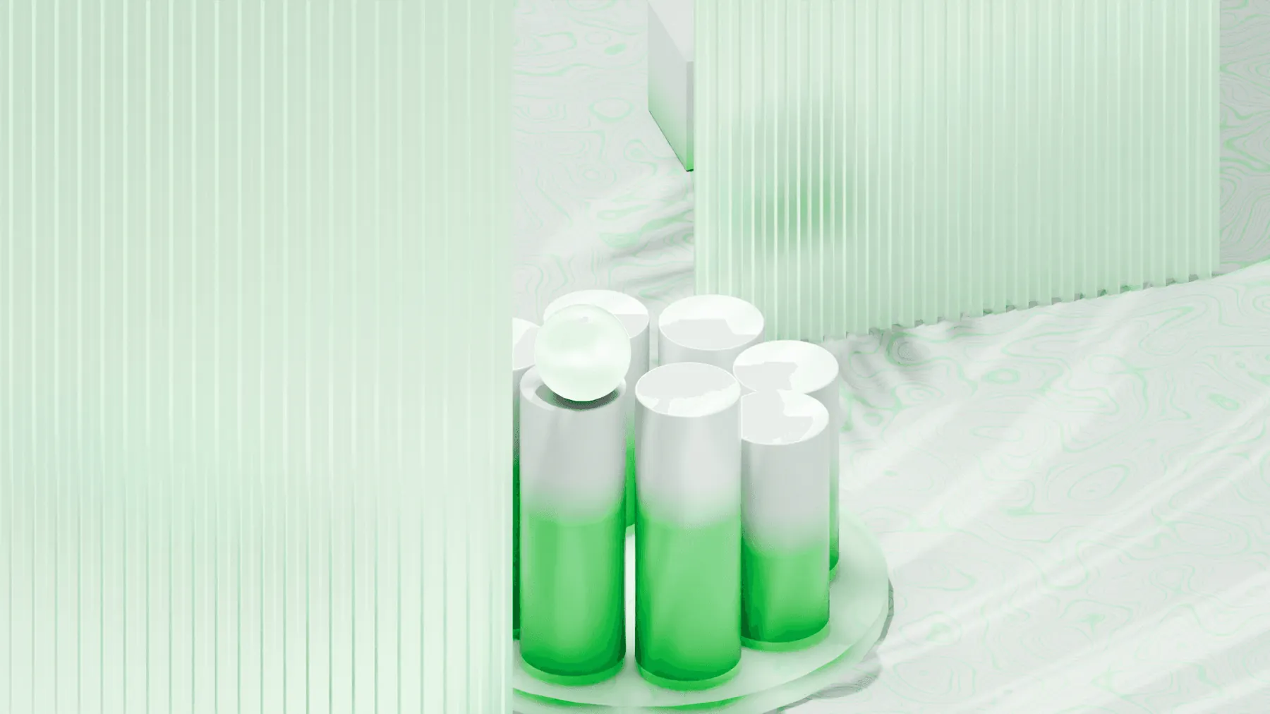 Glass cylinders filling with green light