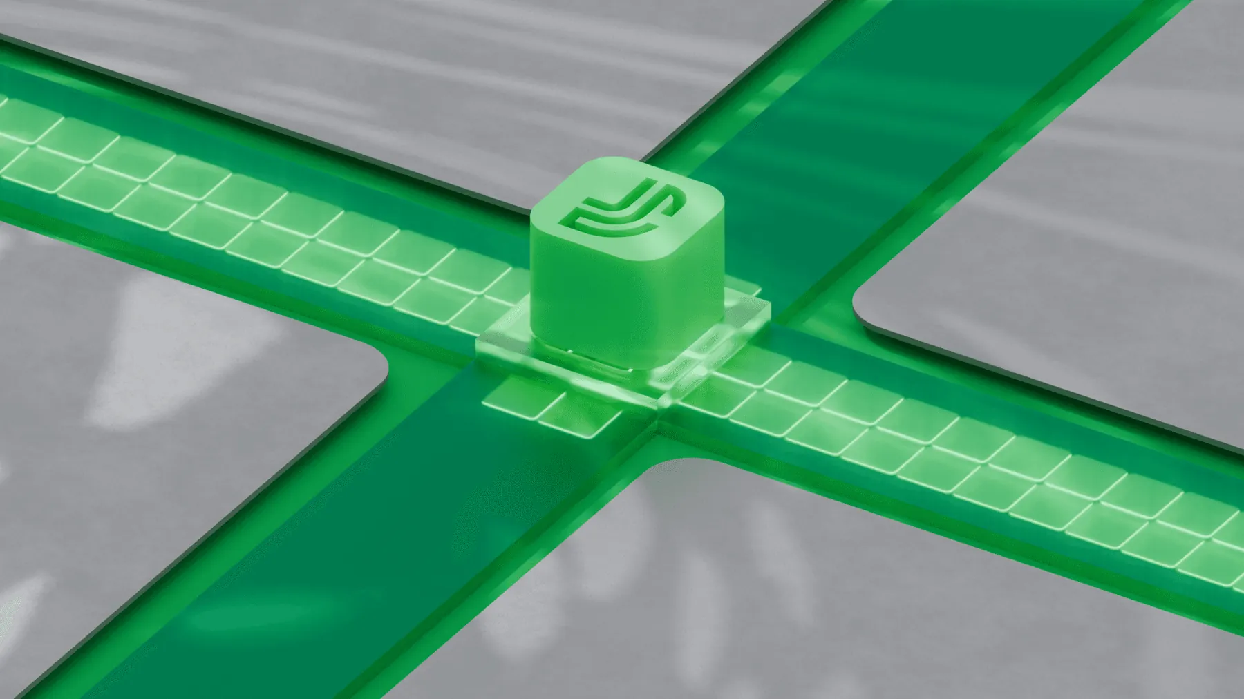 Cube moving along a green glass circuit