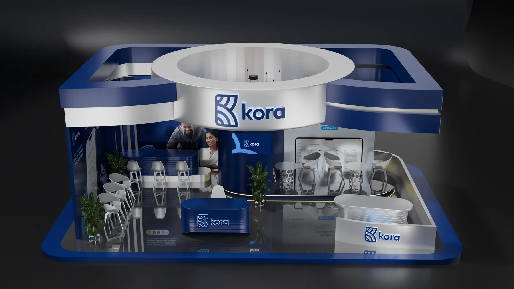 Elevated render of the booth: open ring ceiling, lounge chairs and two reception desks