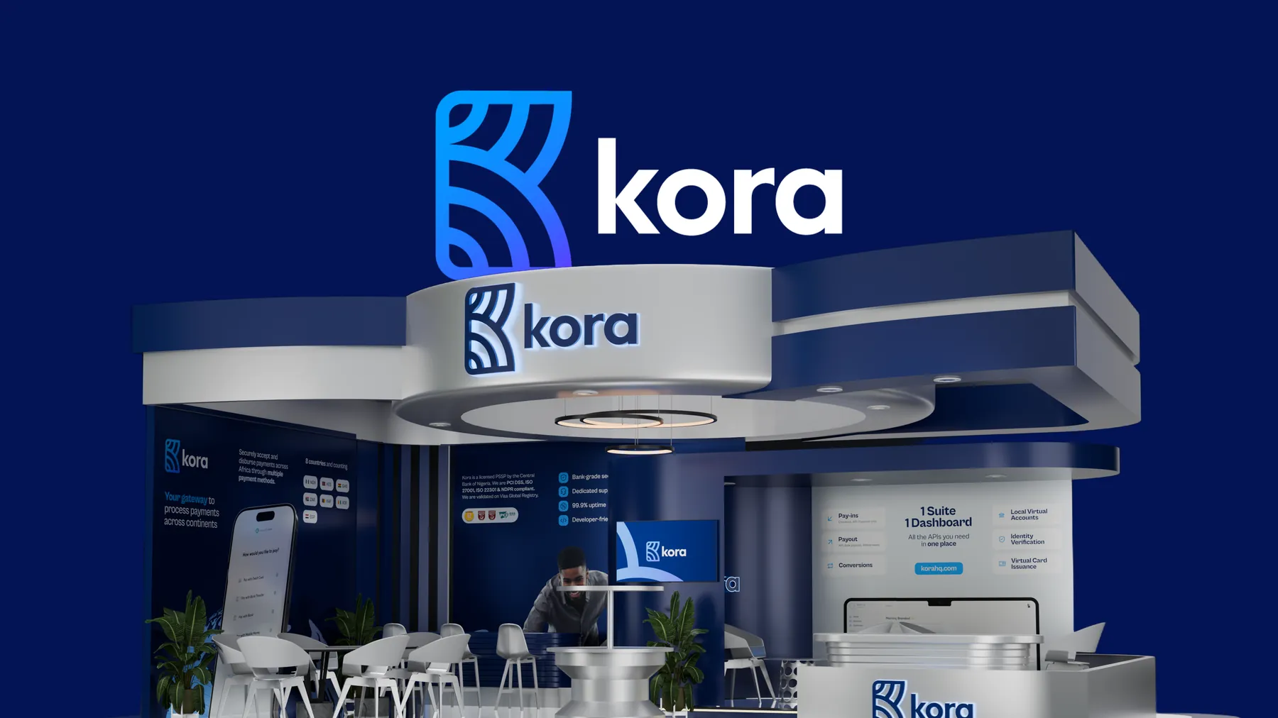 Kora logo above a render of the navy and silver booth