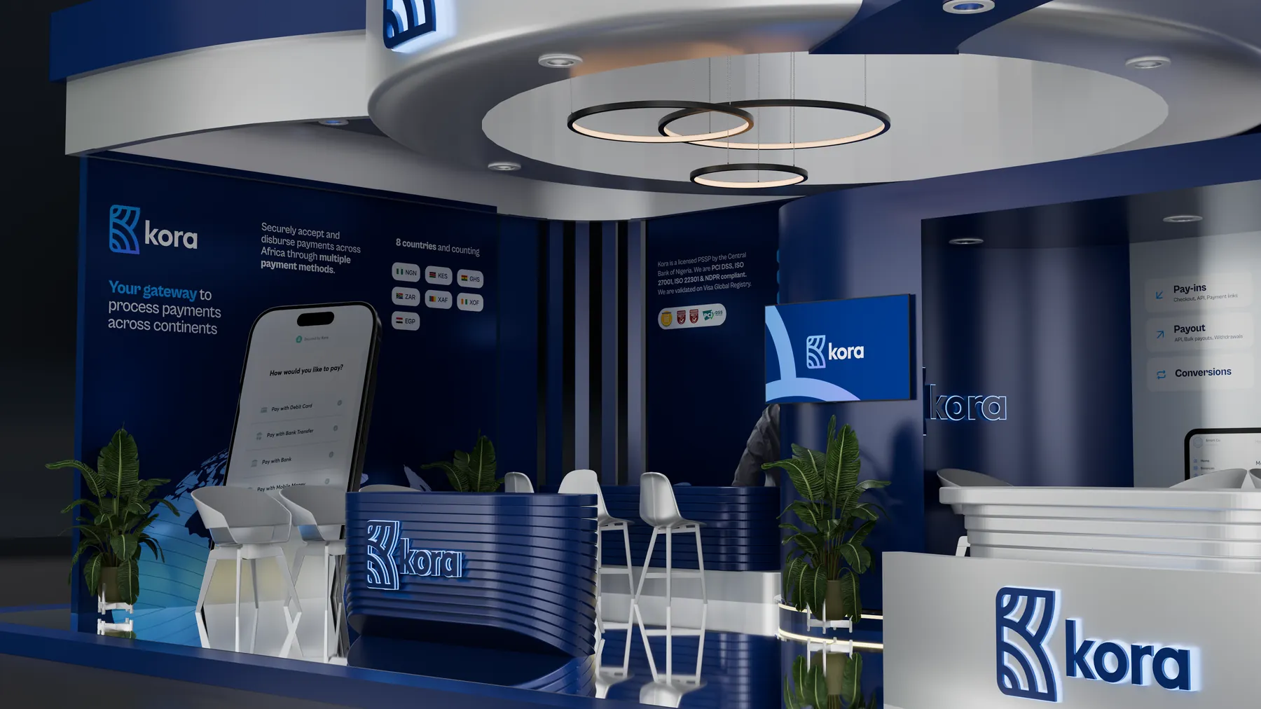 Interior render with ring pendant lights over the payments wall graphic