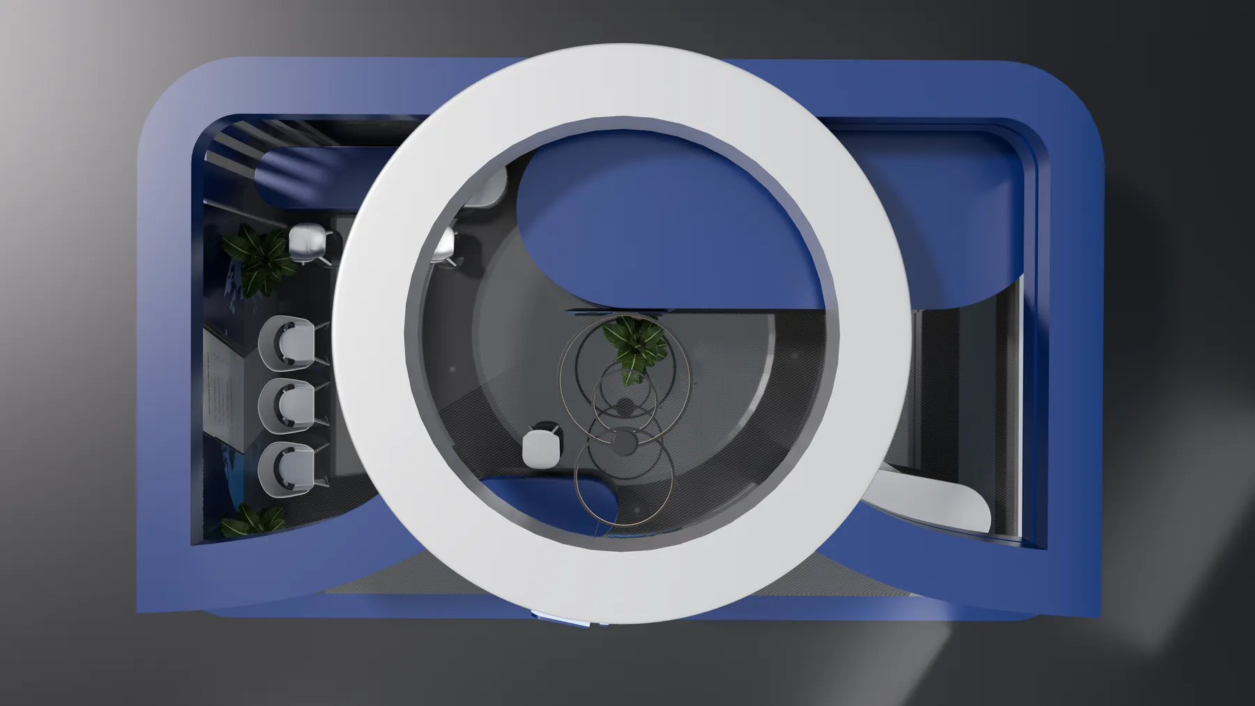 Top-down render: a white ring canopy over a curved navy floor derived from the K
