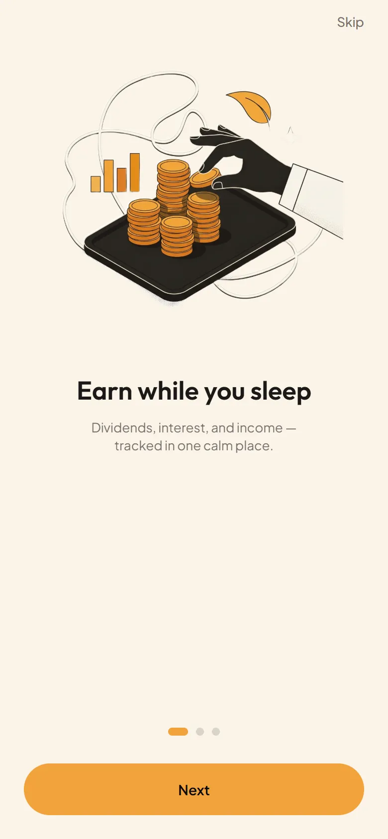 Onboarding screen: Earn while you sleep, in the light cream theme