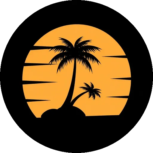 Passive Income mark: a palm island on an orange sunset disc