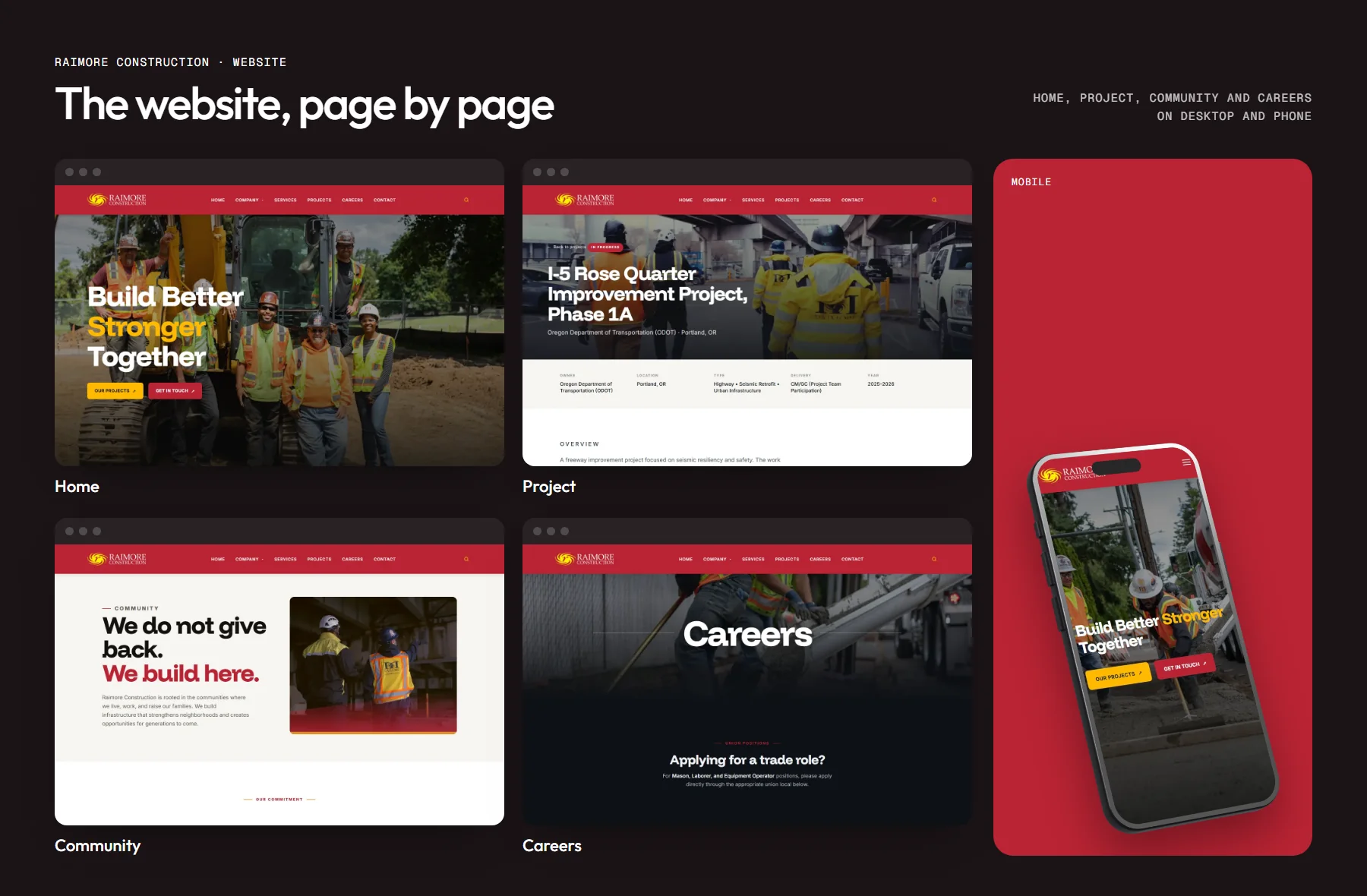 Website board: home, project, community and careers pages, with the home page on a phone
