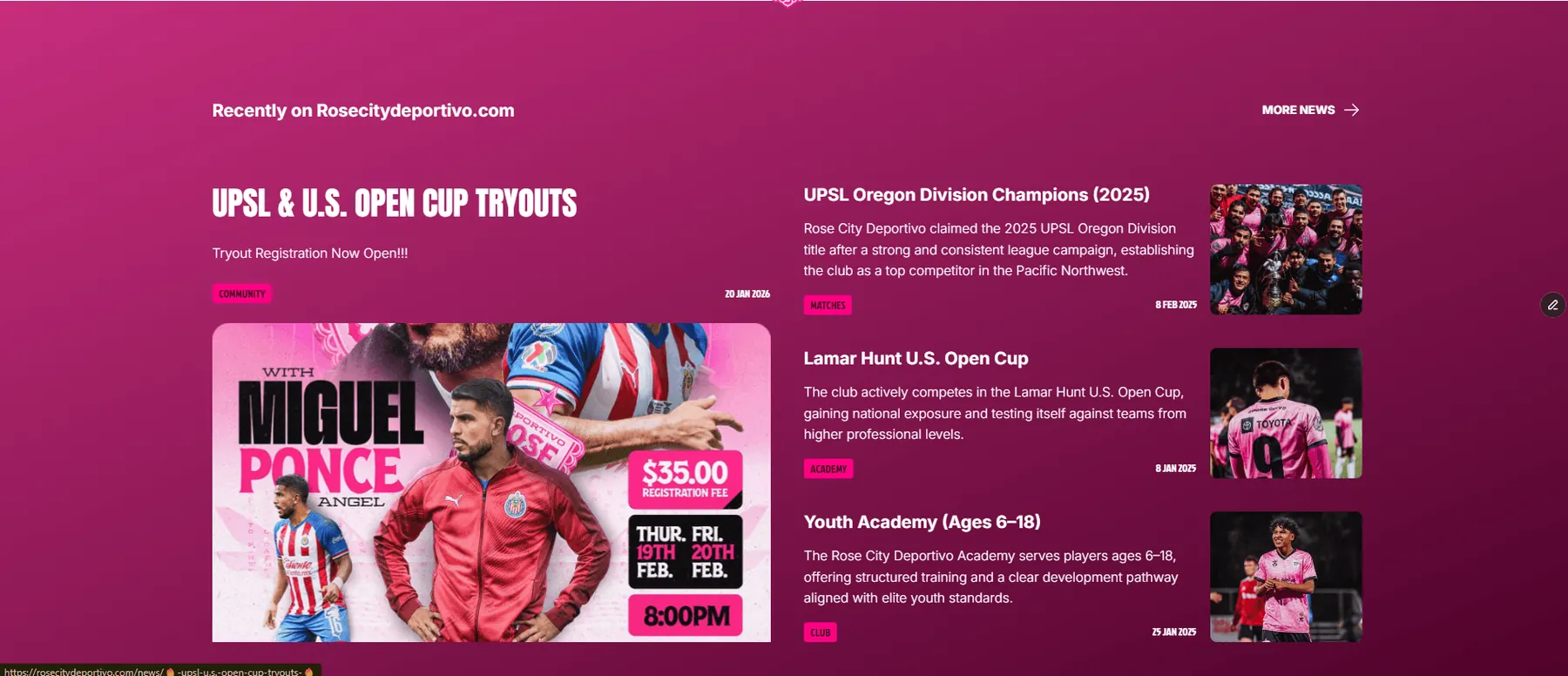 Tryouts and news section of the club website