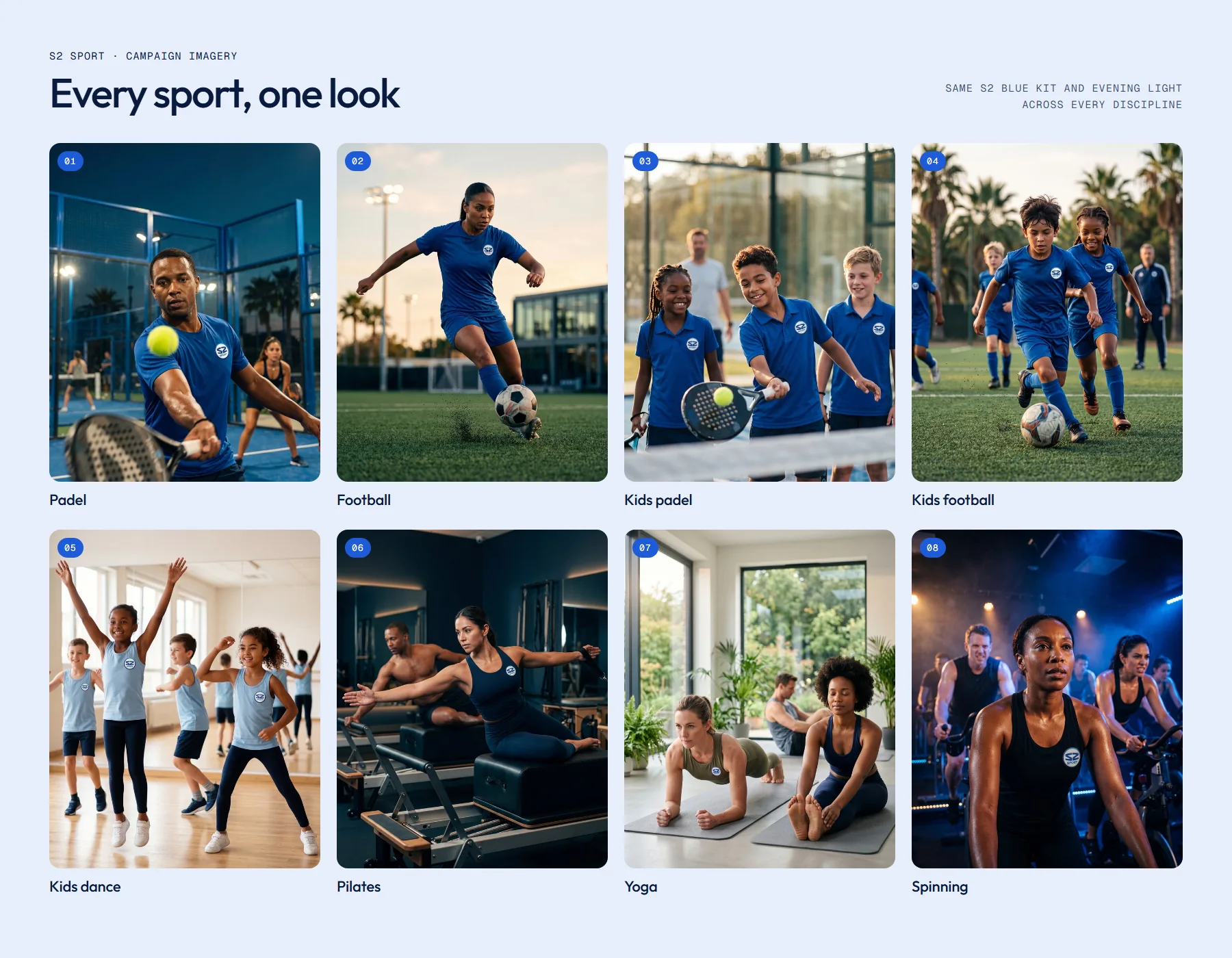 Campaign board: eight disciplines in the same blue kit, from padel to spinning