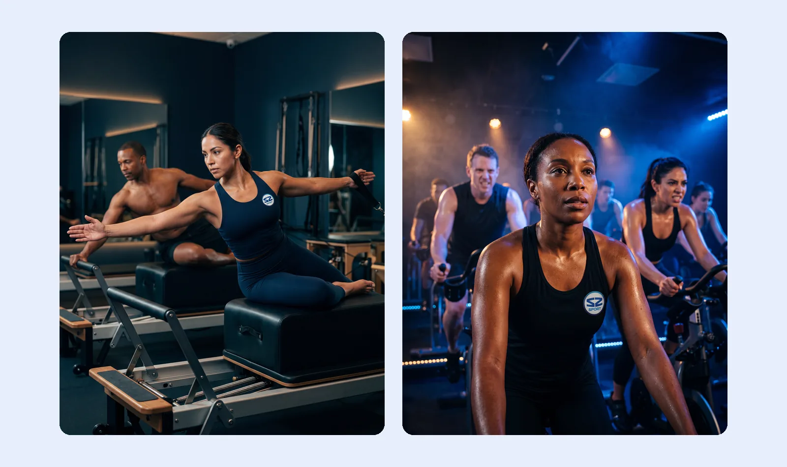 A reformer pilates class and a spin class