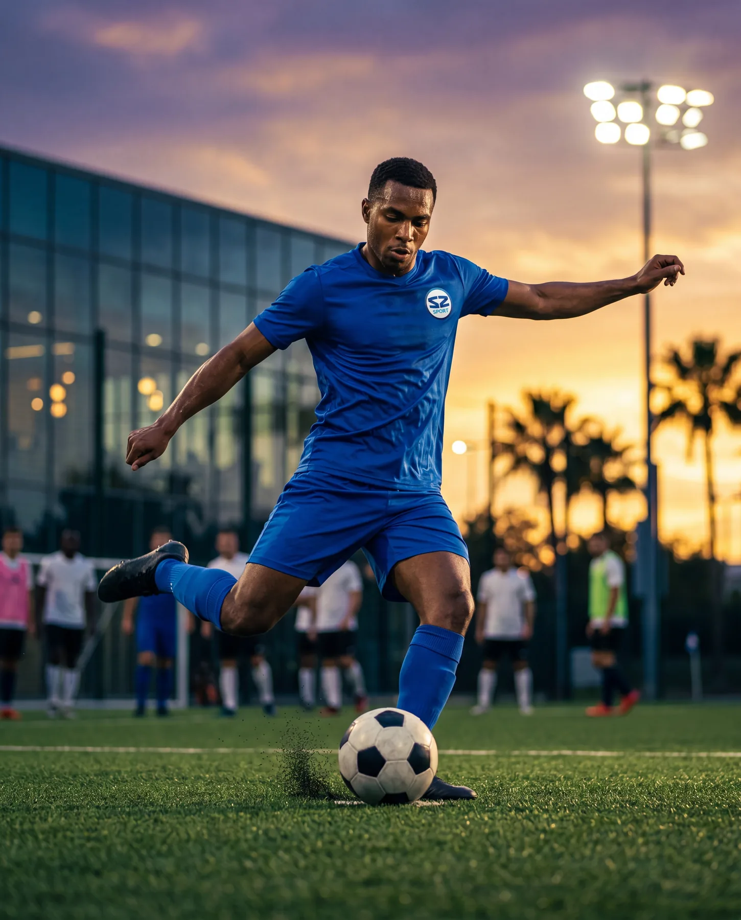 A footballer striking the ball at sunset