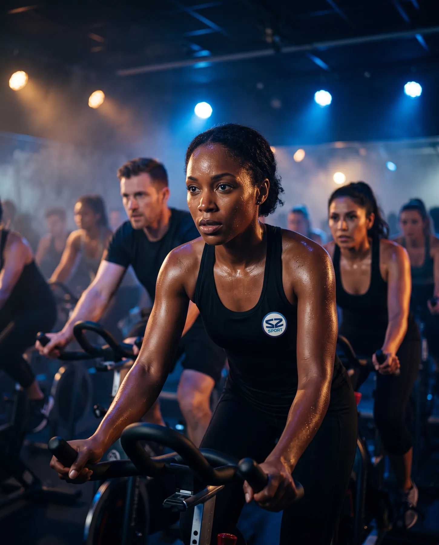 A spin class under blue and pink lights