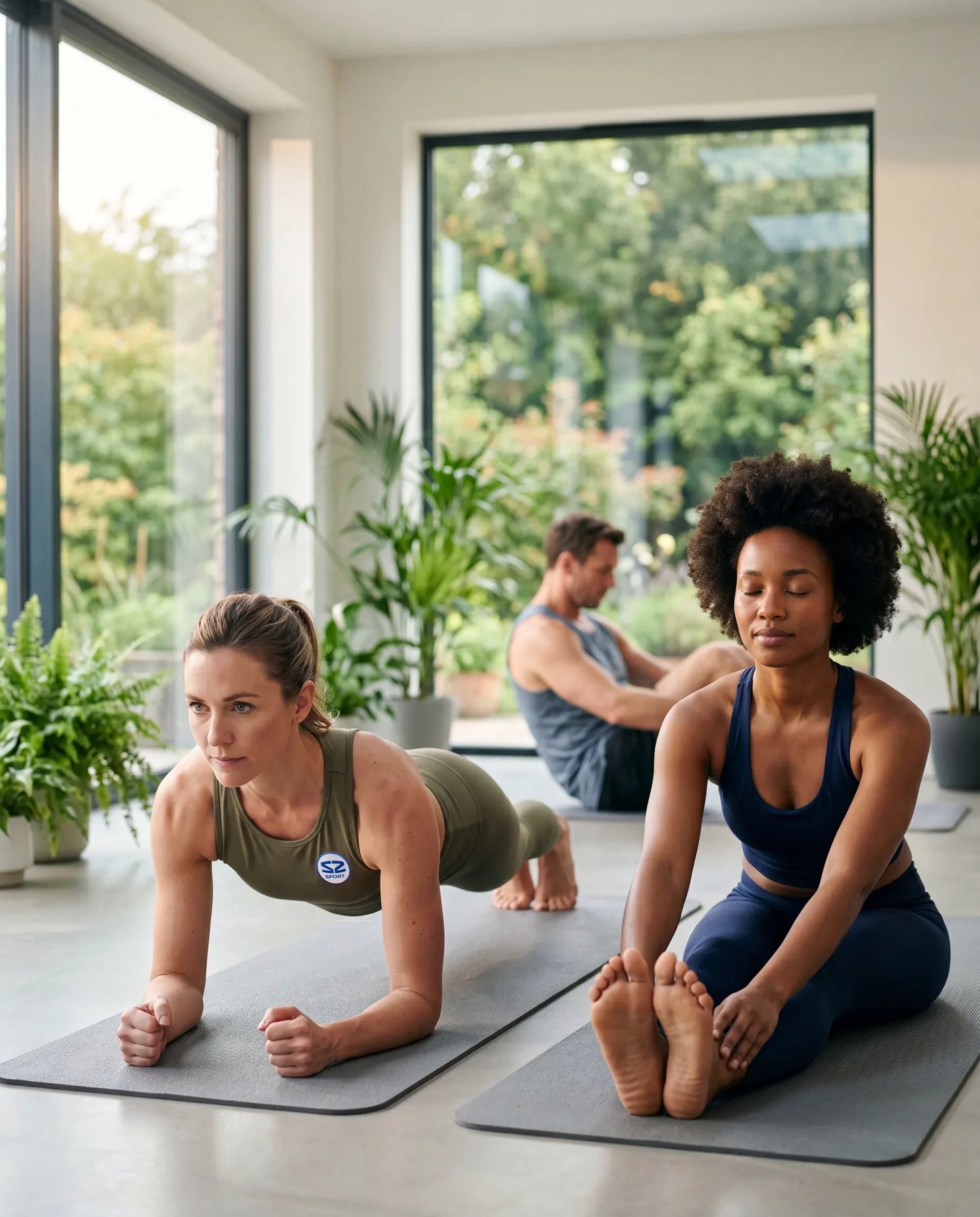 A yoga class in a bright studio