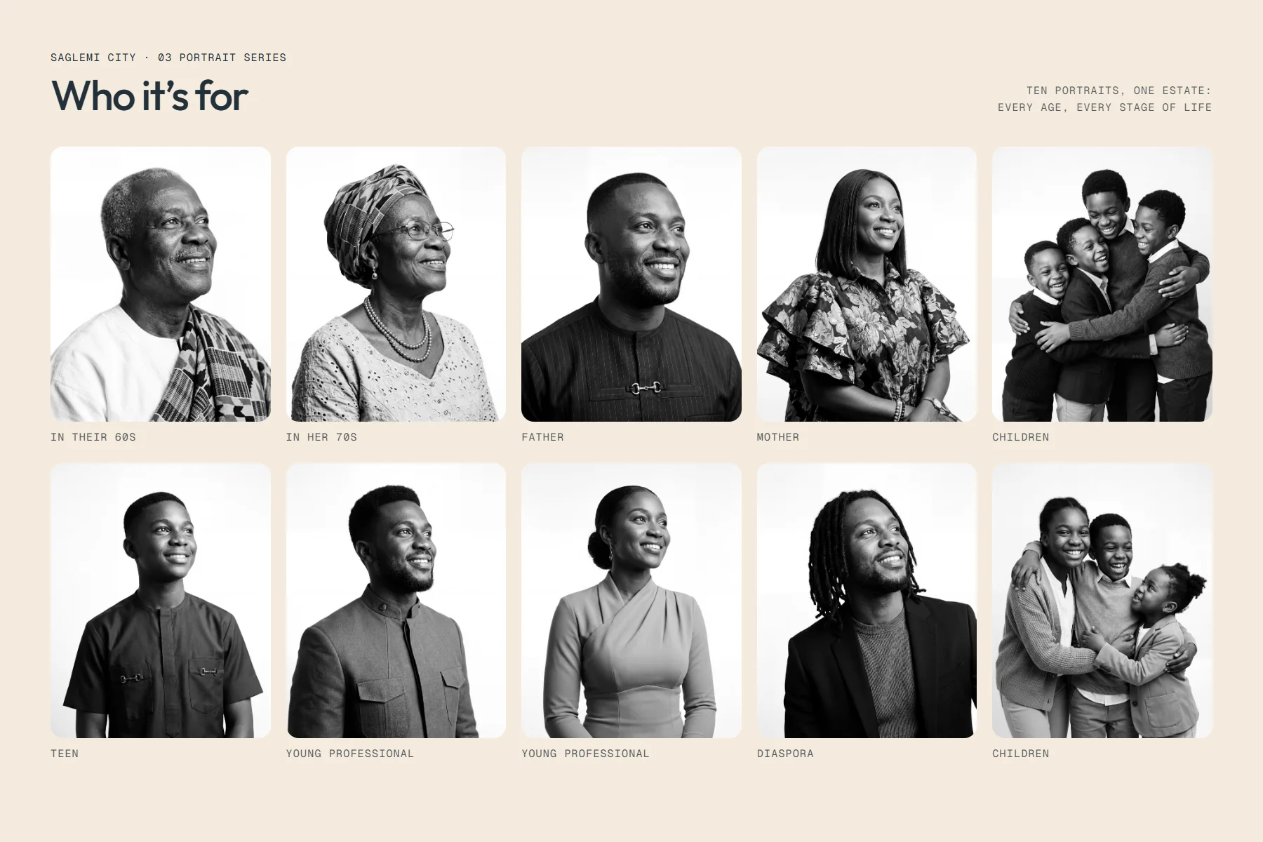 Portrait series board: ten black and white portraits, from children and a teen to parents, young professionals, the diaspora and grandparents