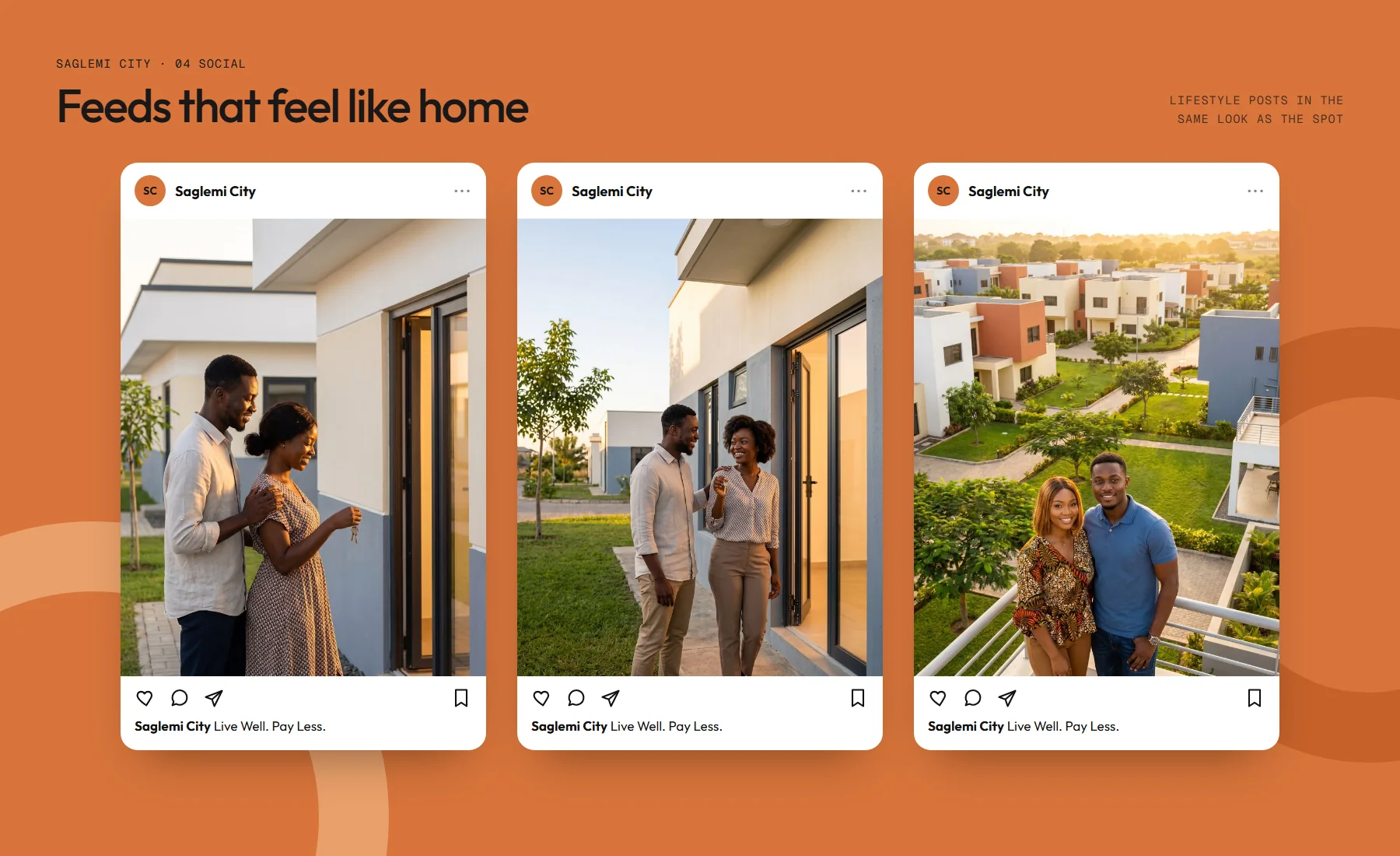 Social board: three Saglemi City posts captioned Live Well. Pay Less.