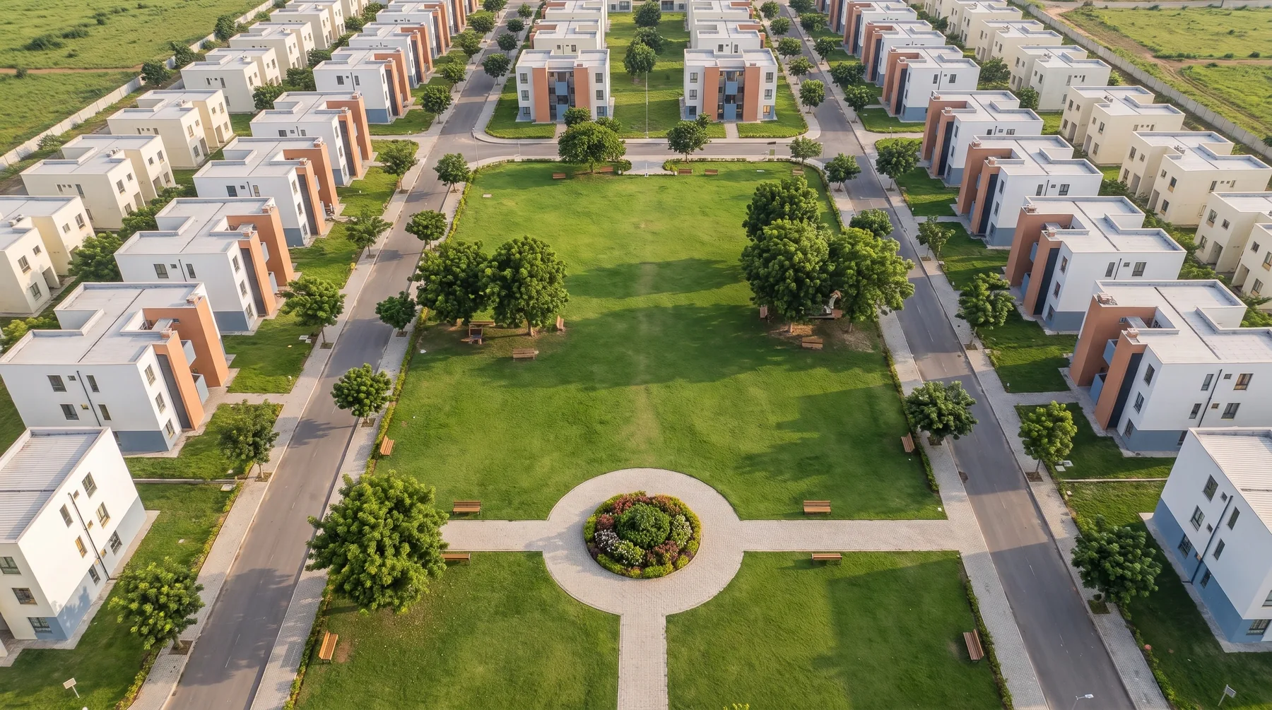 Aerial view of the estate’s communal green