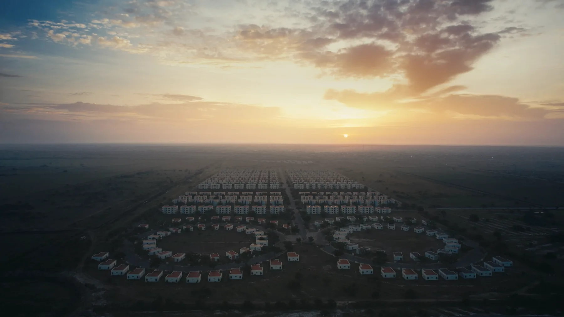 Drone shot of the estate at sunset