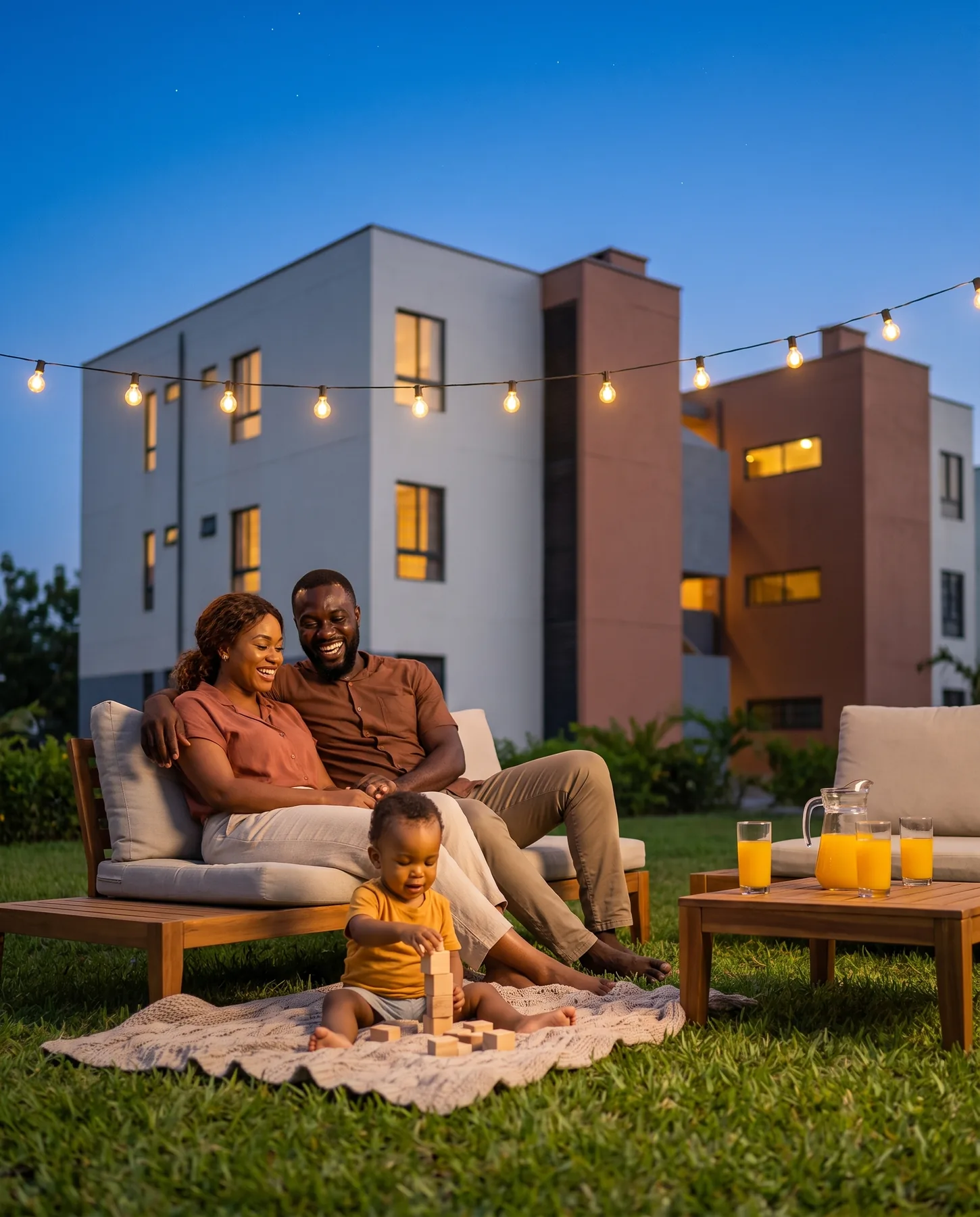 A family relaxing on the lawn outside their home at dusk