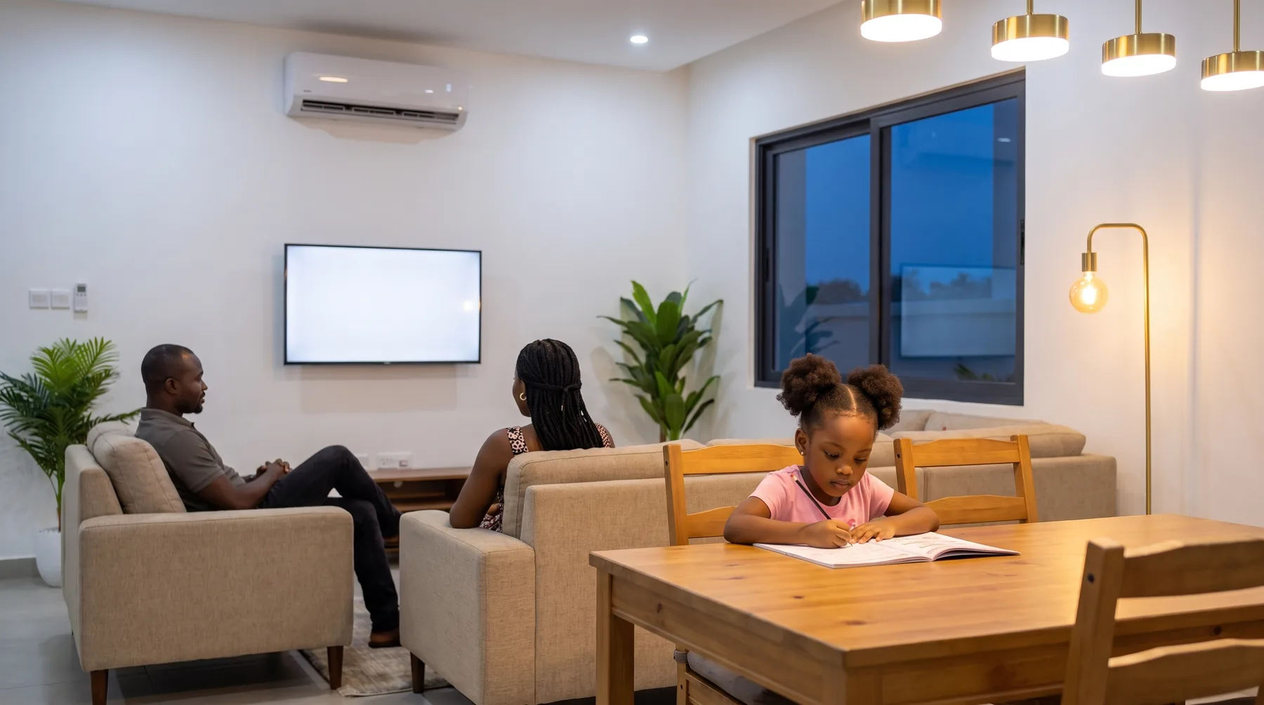 A family at home in the evening, a child doing homework under bright lights