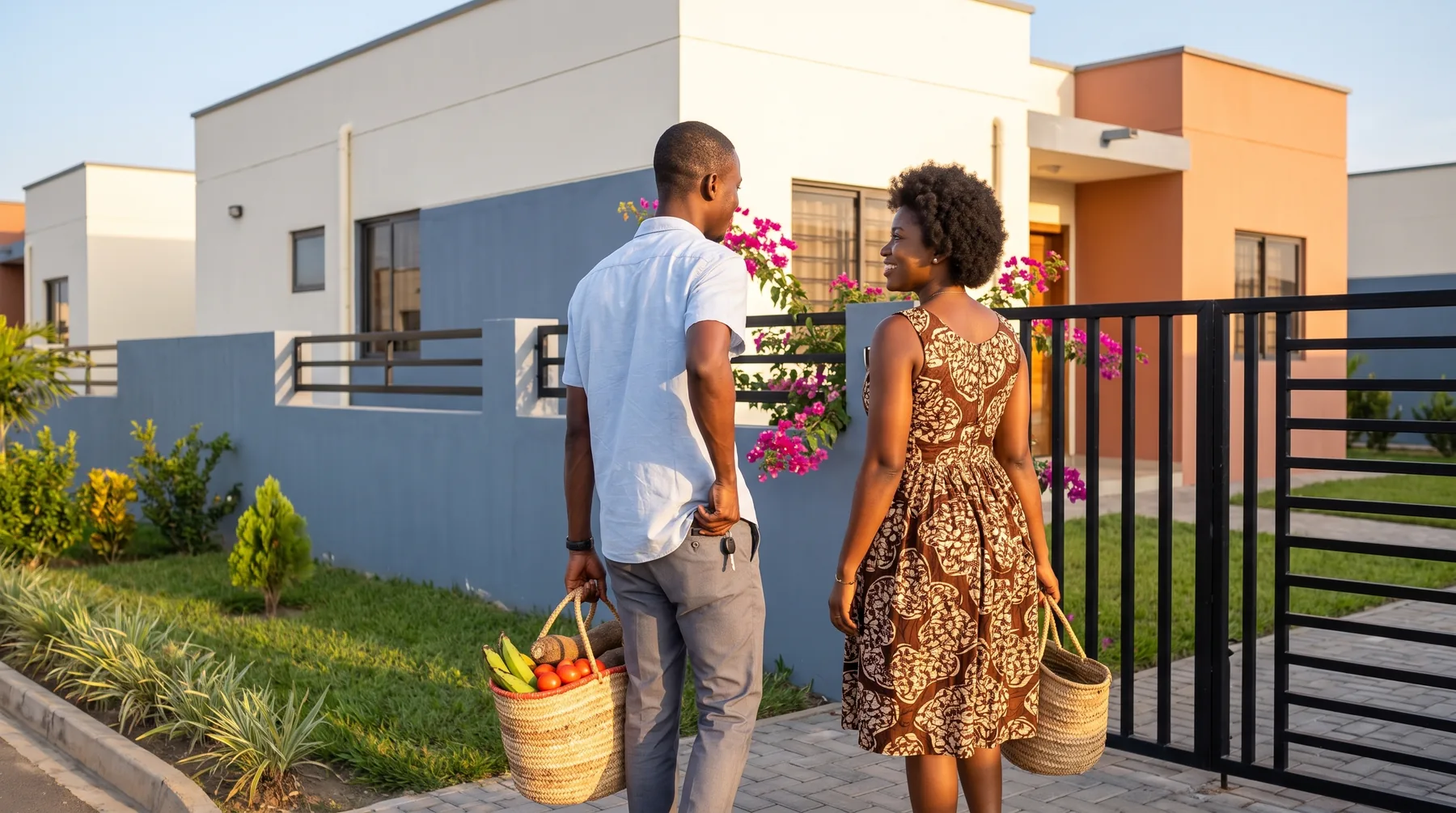 A couple arrives home with market bags