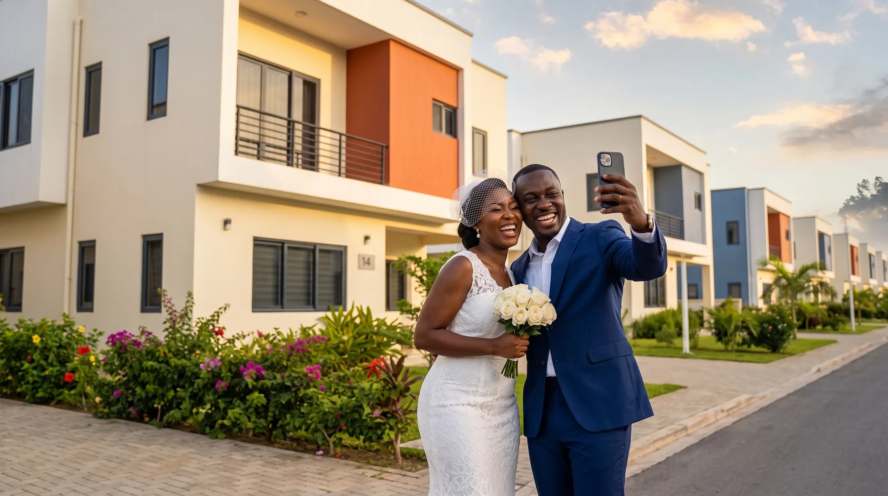 Newlyweds taking a selfie outside their new home