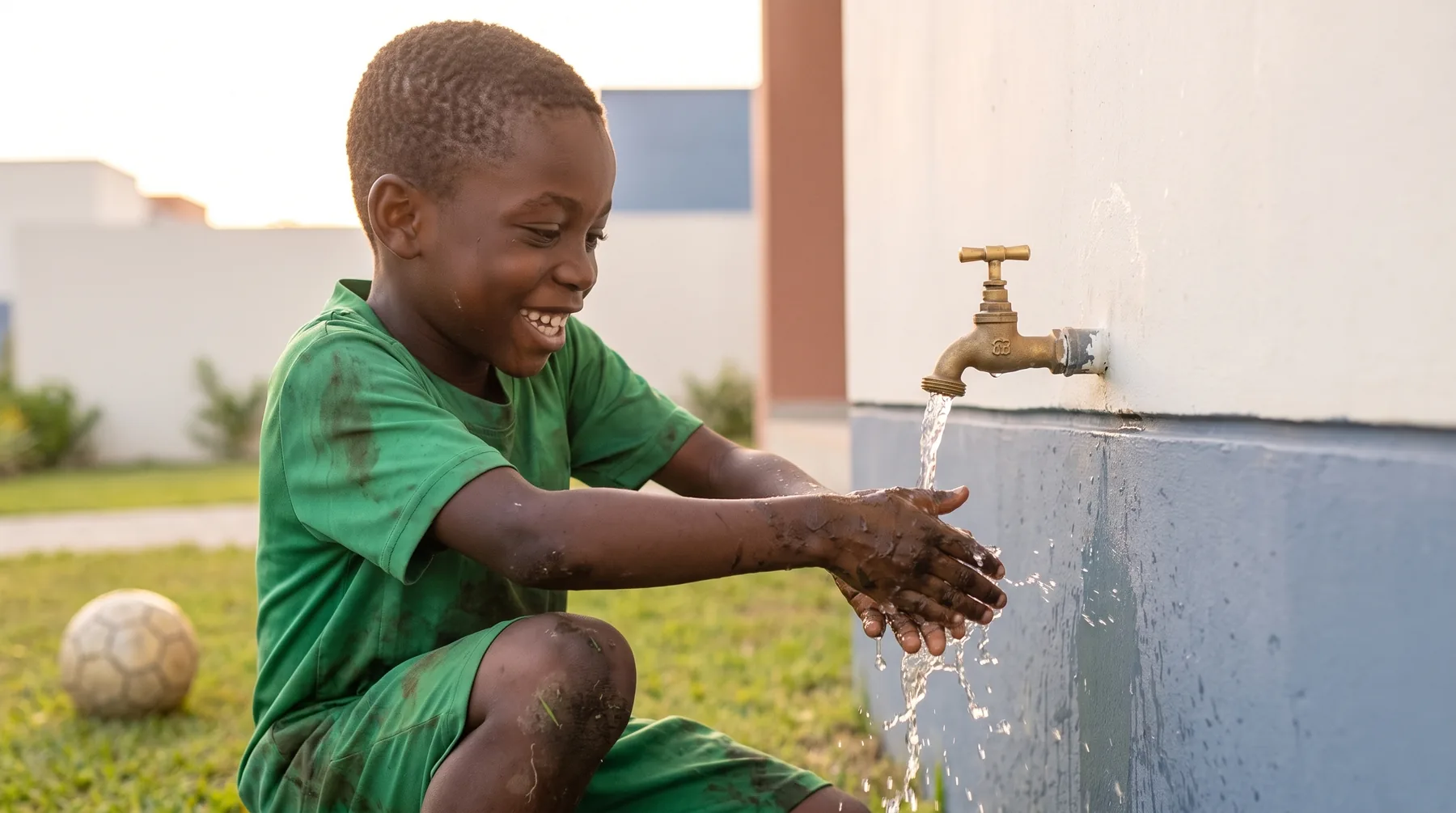 A boy washing his hands at an outdoor tap