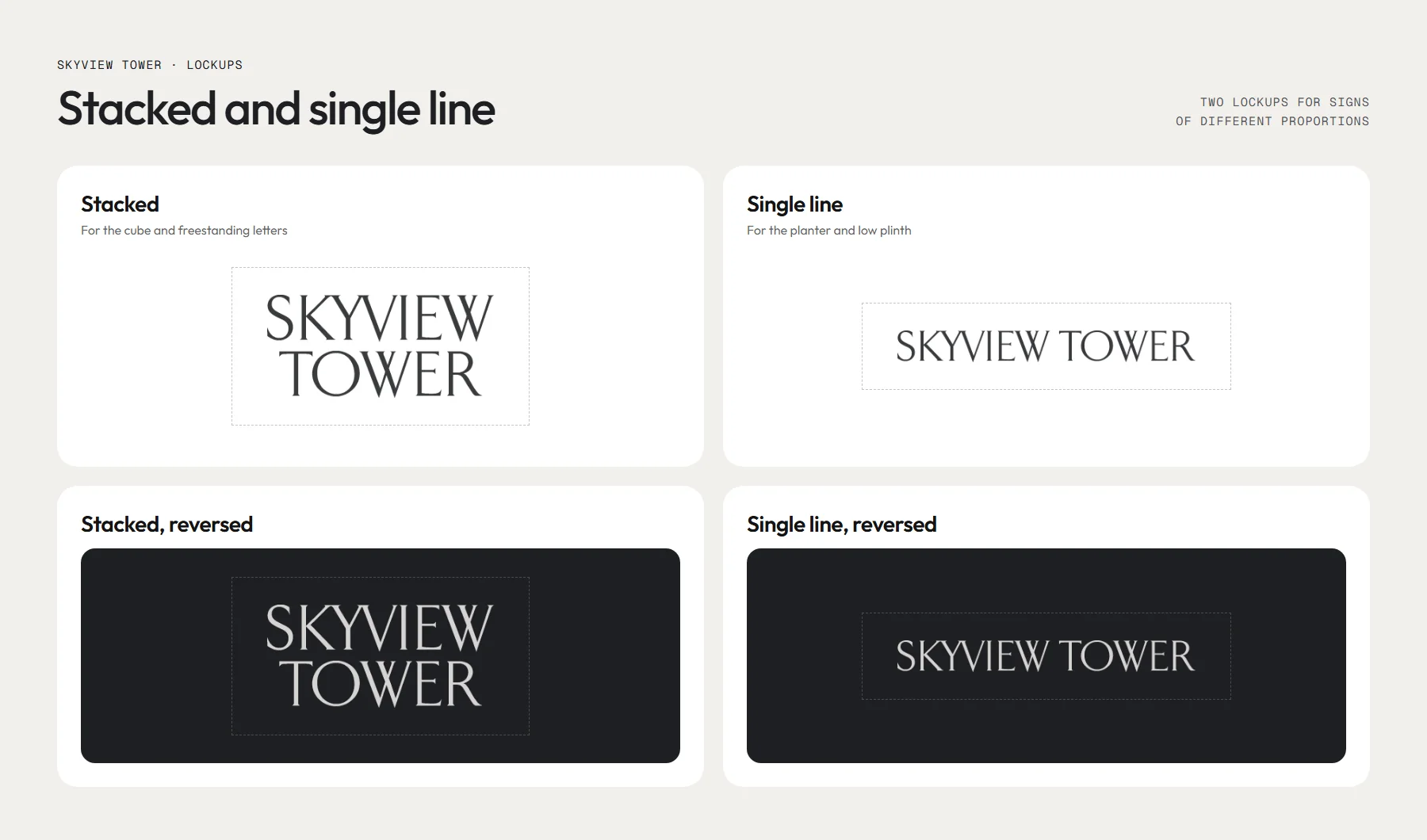 Lockups board: stacked and single-line logos, on light and reversed