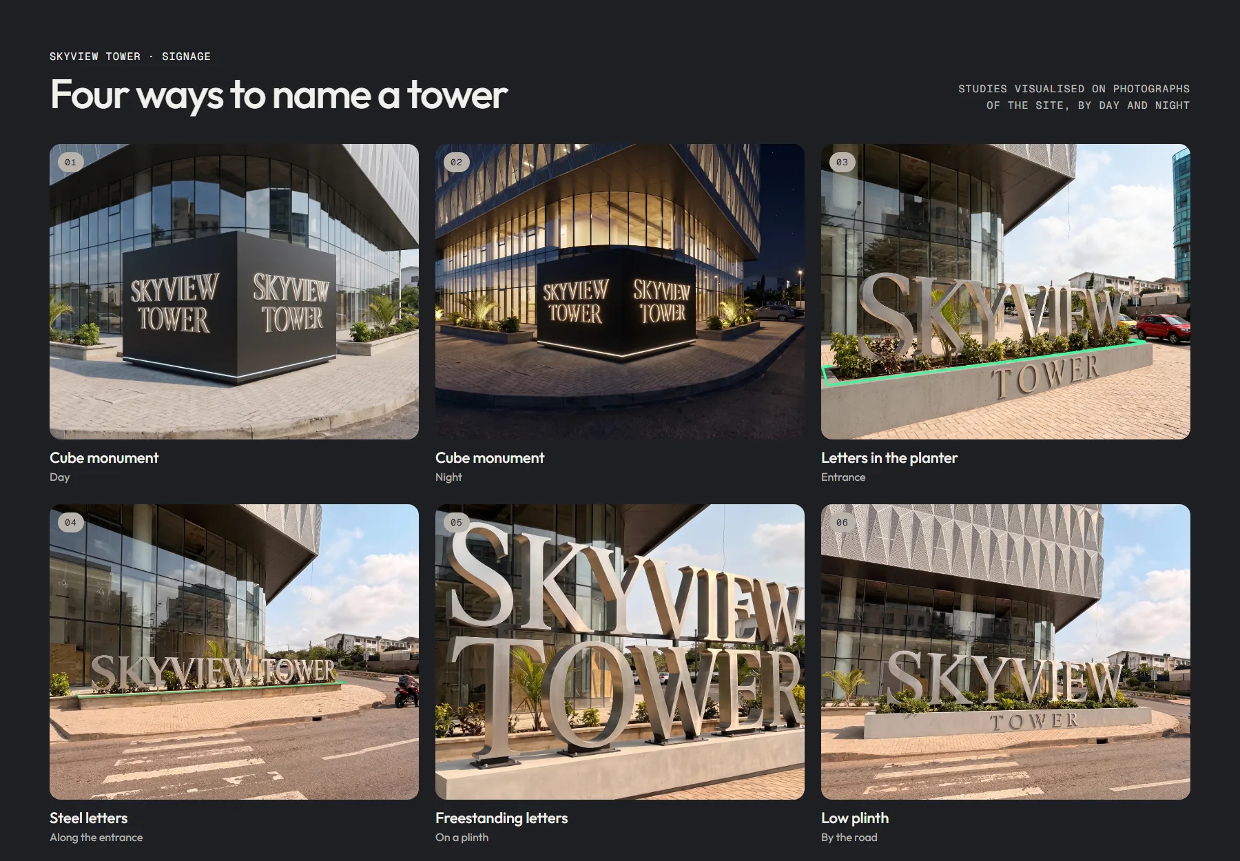 Signage board: six studies on the site, from the cube monument by day and night to the low plinth