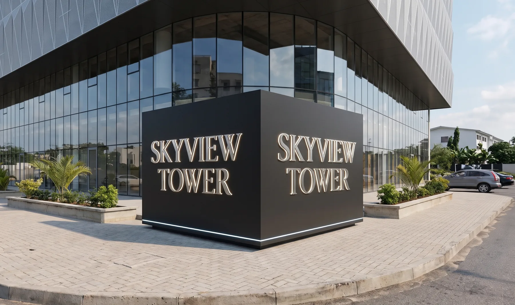 Cube monument sign at the corner in daylight