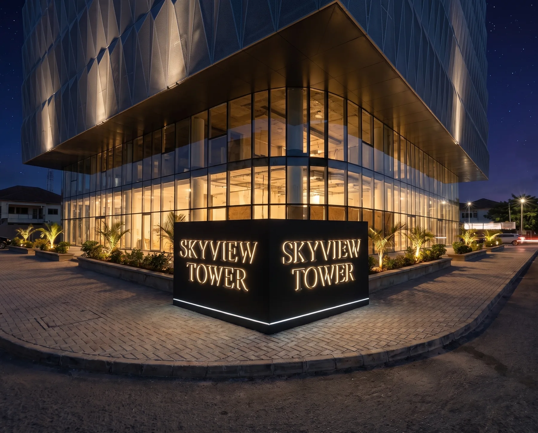 The cube sign glowing at dusk