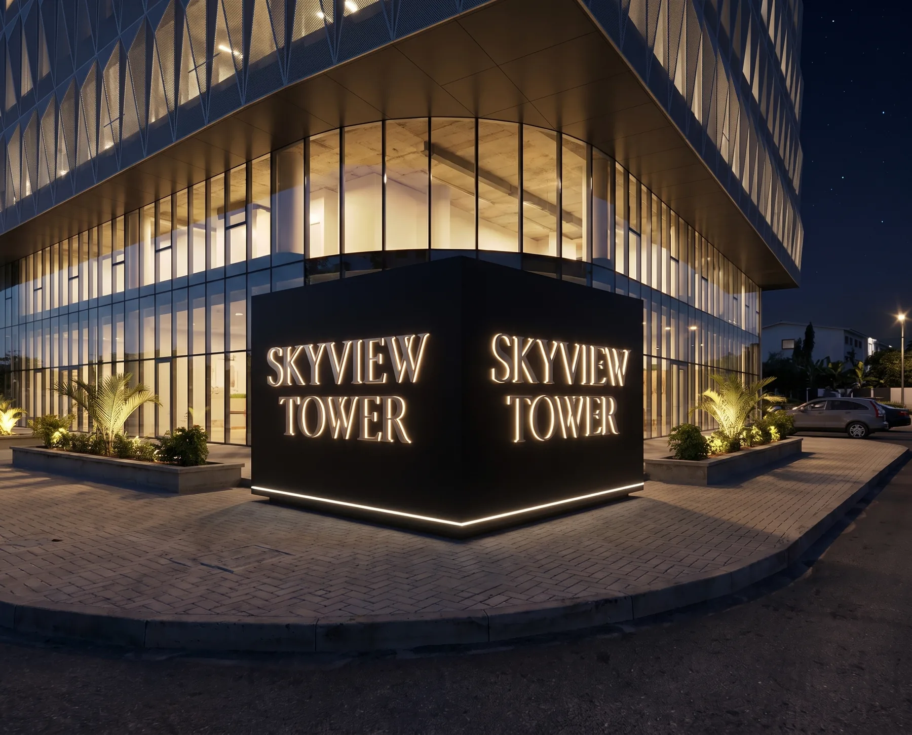 Backlit cube sign at the tower’s corner at night